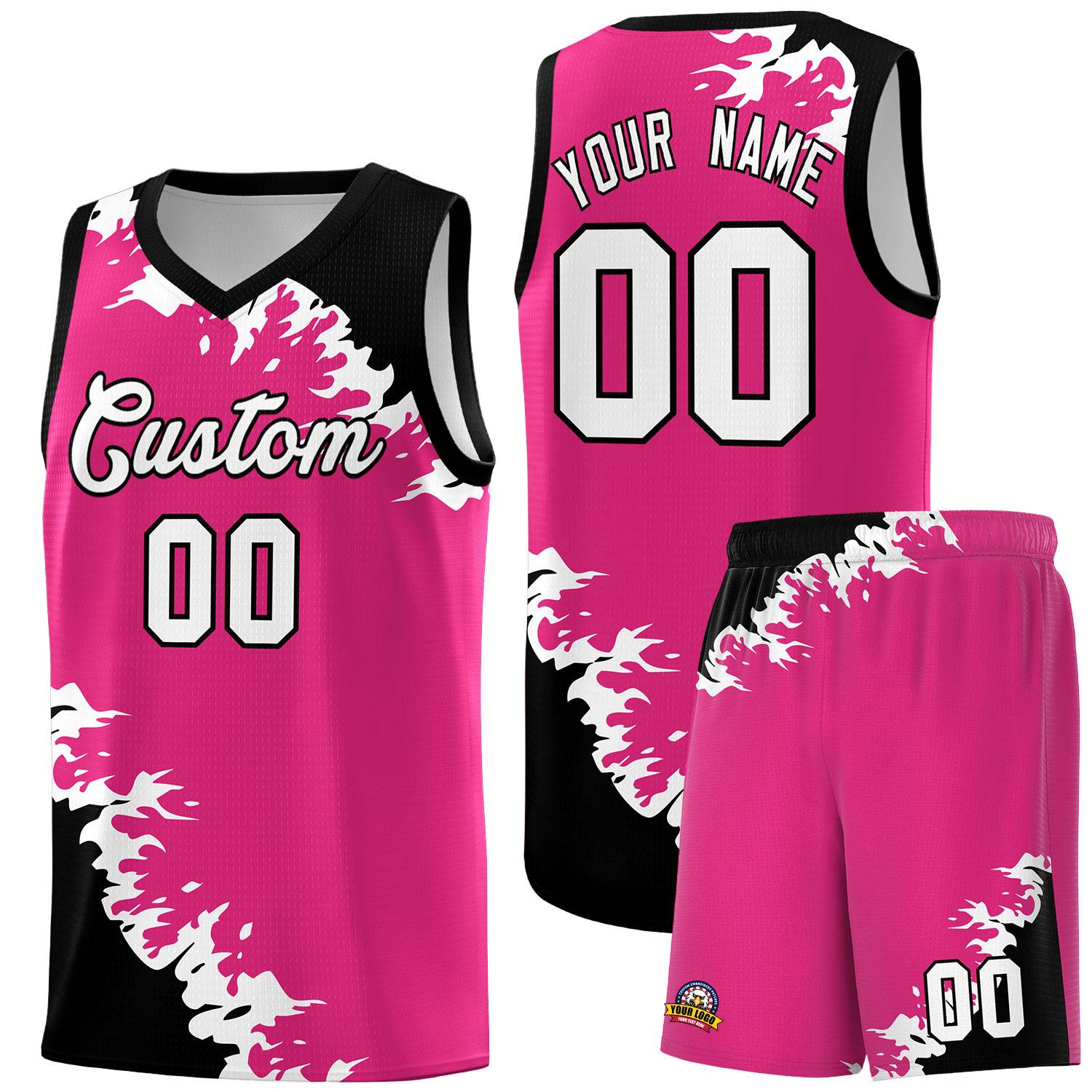 Custom Rose Red Black-White Sparkle Print Pattern Basketball Kits
