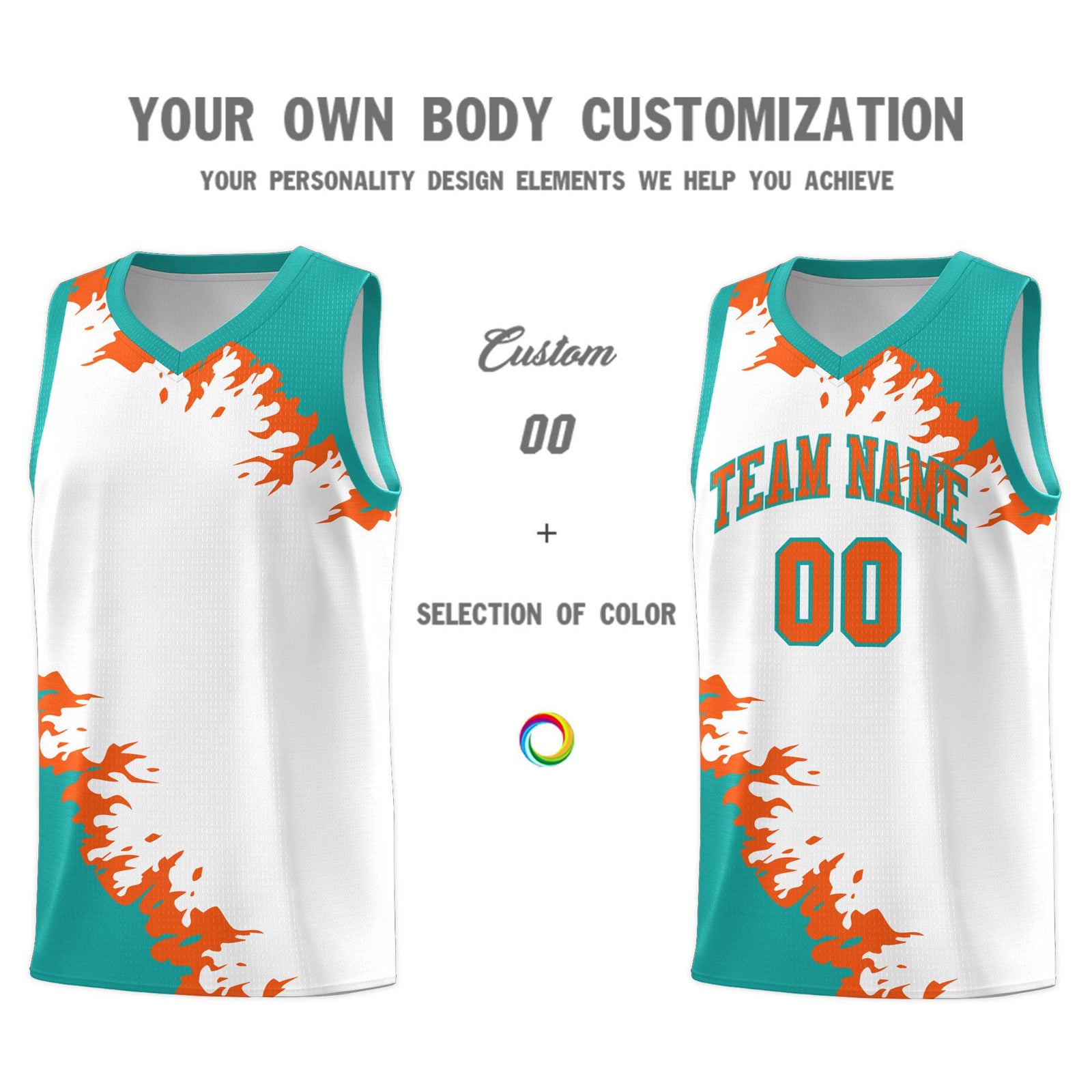 Custom White Aqua-Orange Sparkle Print Pattern Basketball Kits