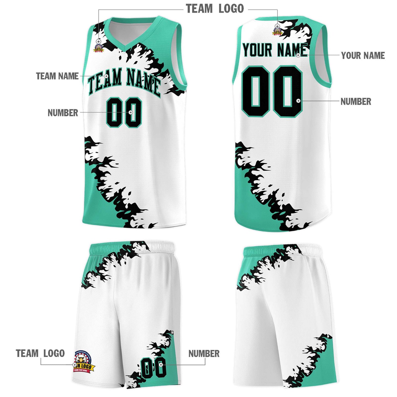 Custom White Black-Bright Green Sparkle Print Pattern Basketball Kits