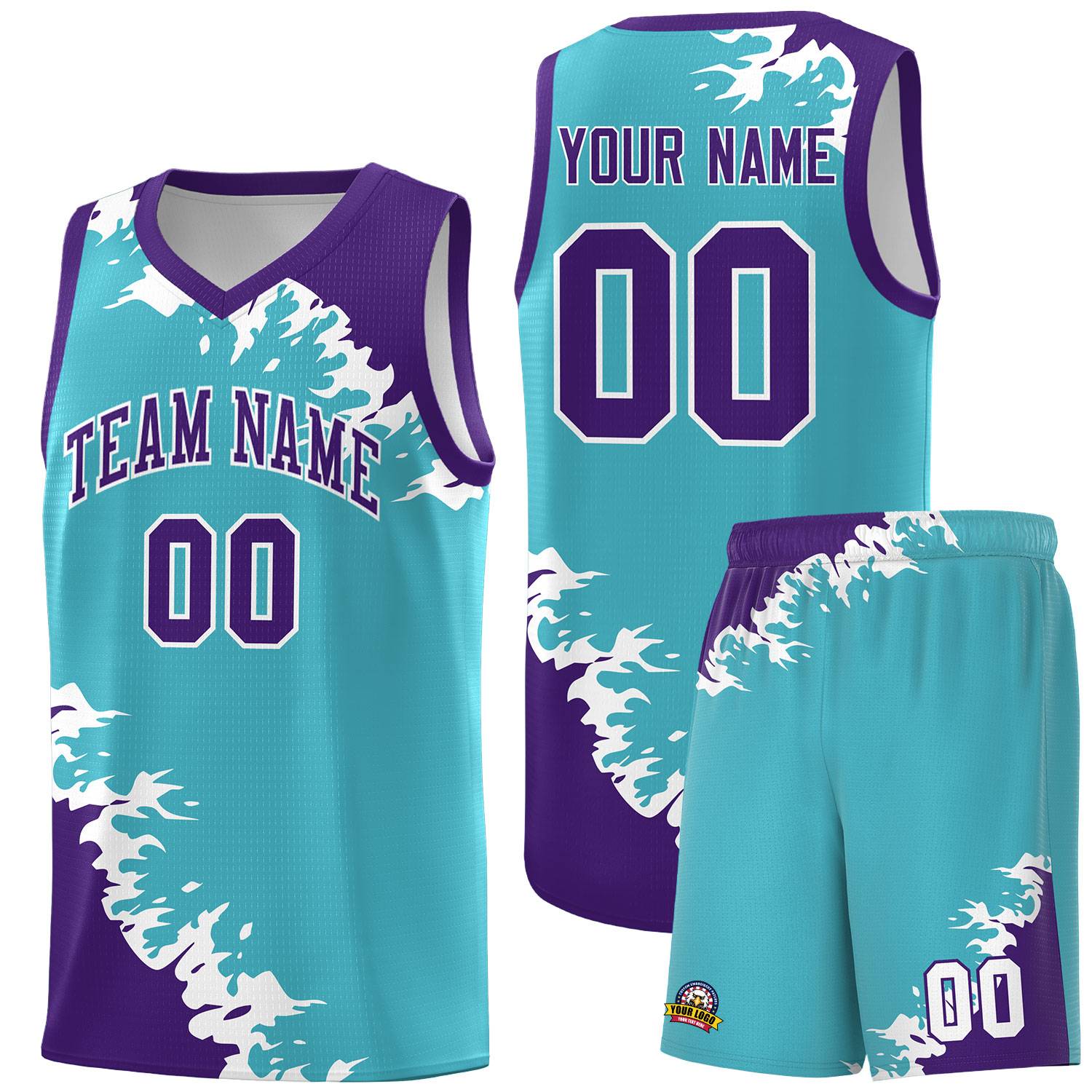 Custom Sky Blue Purple-White Sparkle Print Pattern Basketball Kits
