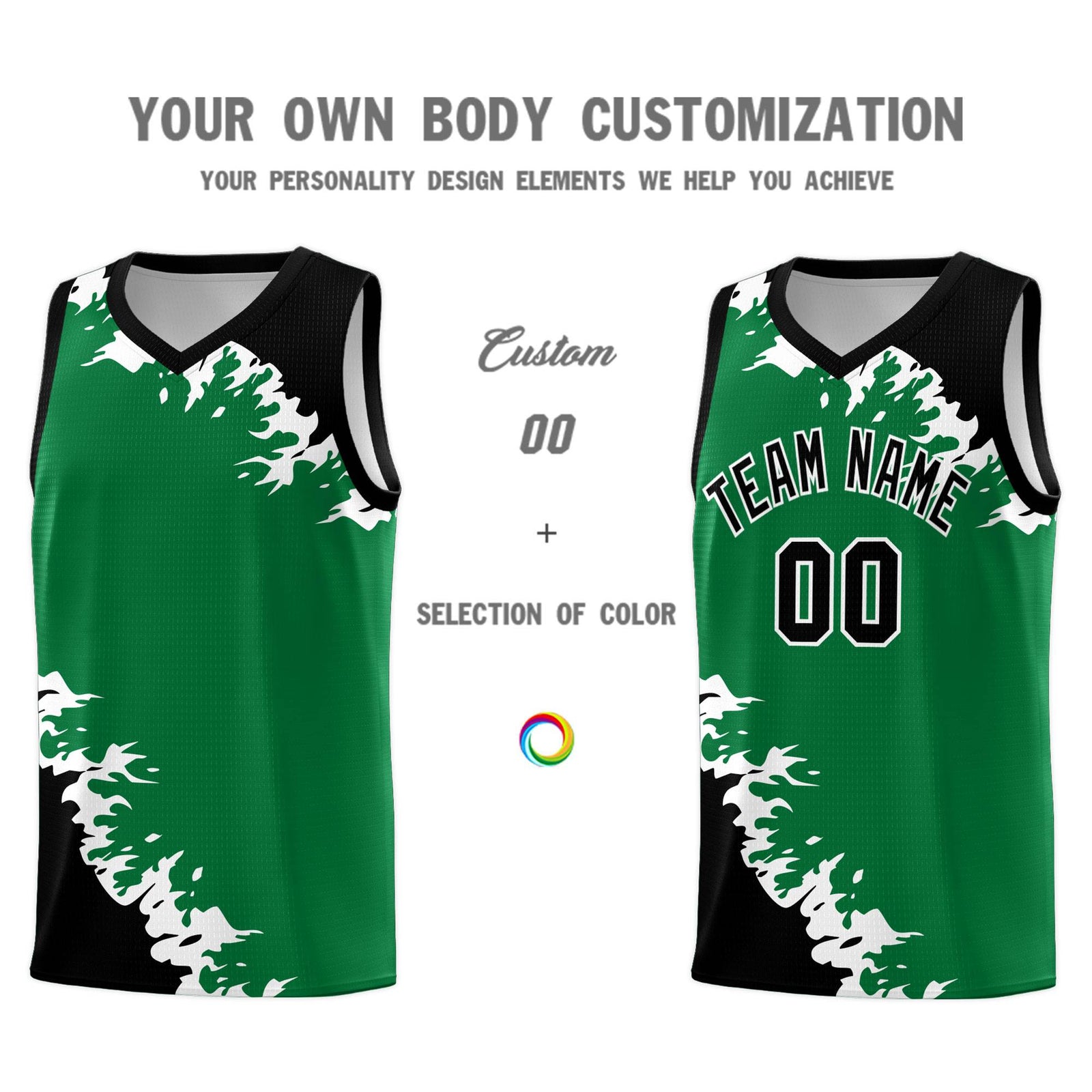 Custom Kelly Green Black-White Sparkle Print Pattern Basketball Kits