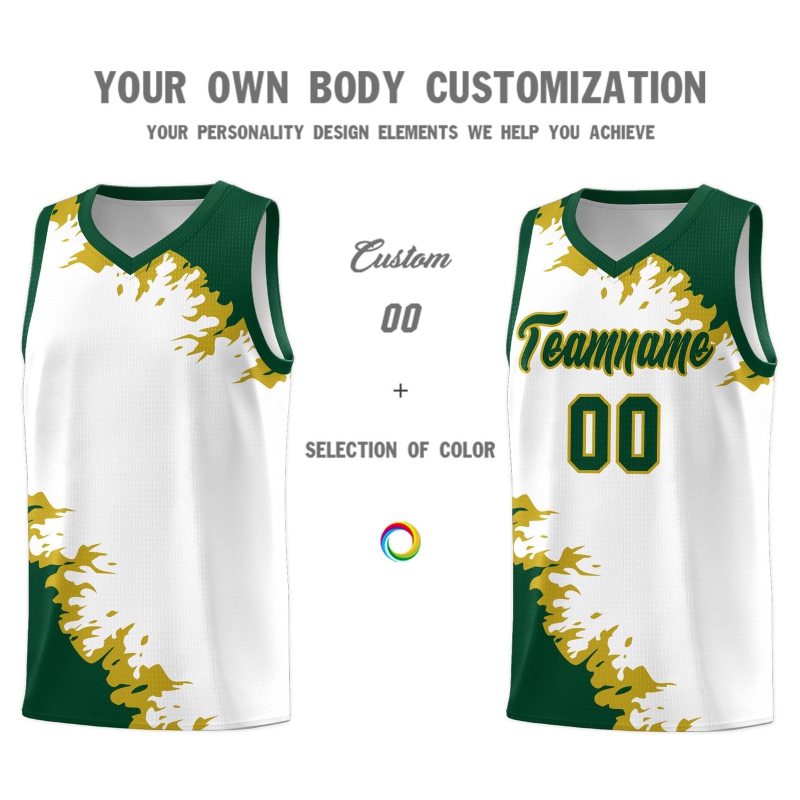 Custom White Green-Old Gold Sparkle Print Pattern Basketball Kits