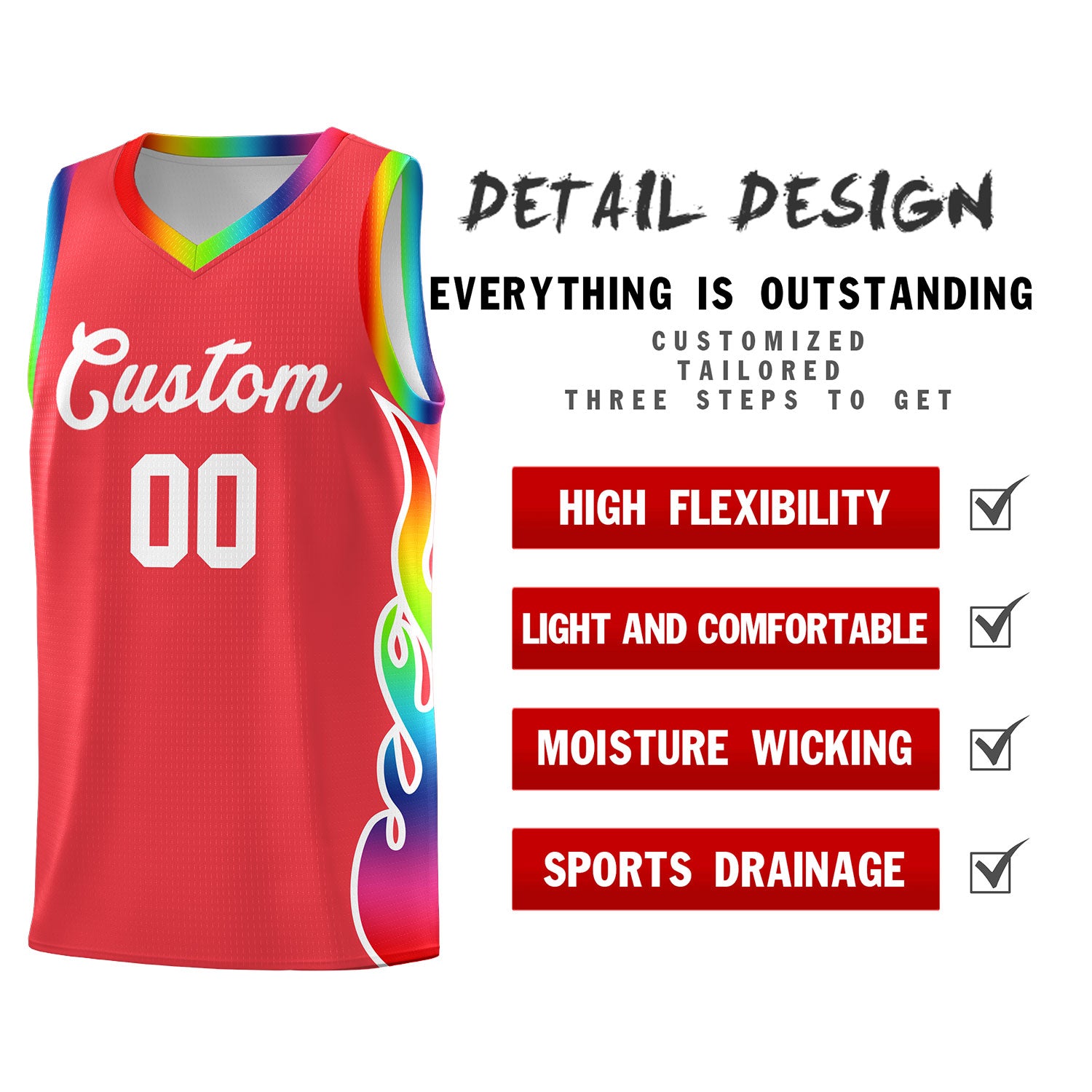 Custom Light Red Side Flame Pattern Fashion Sports Uniform Basketball Jersey