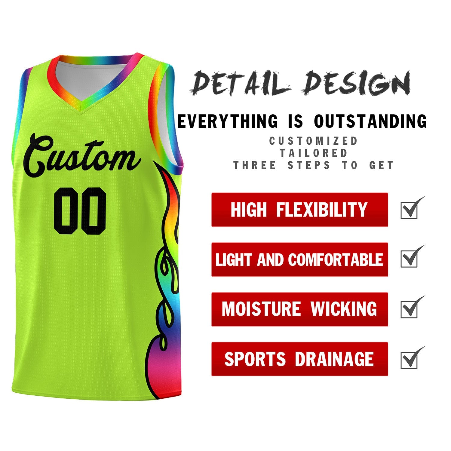 Custom Neon Green Side Flame Pattern Fashion Sports Uniform Basketball Jersey