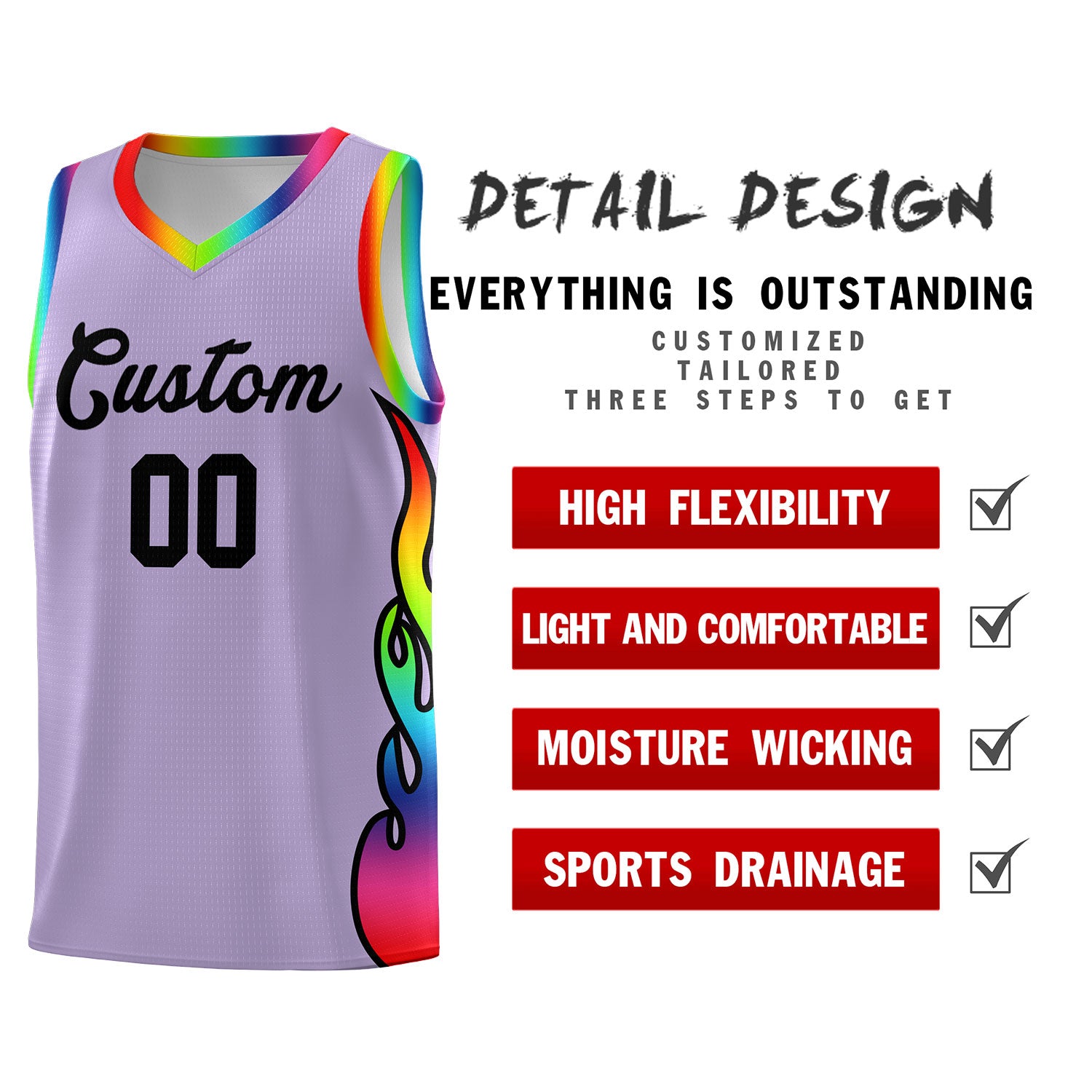 Custom Light Purple Side Flame Pattern Fashion Sports Uniform Basketball Jersey