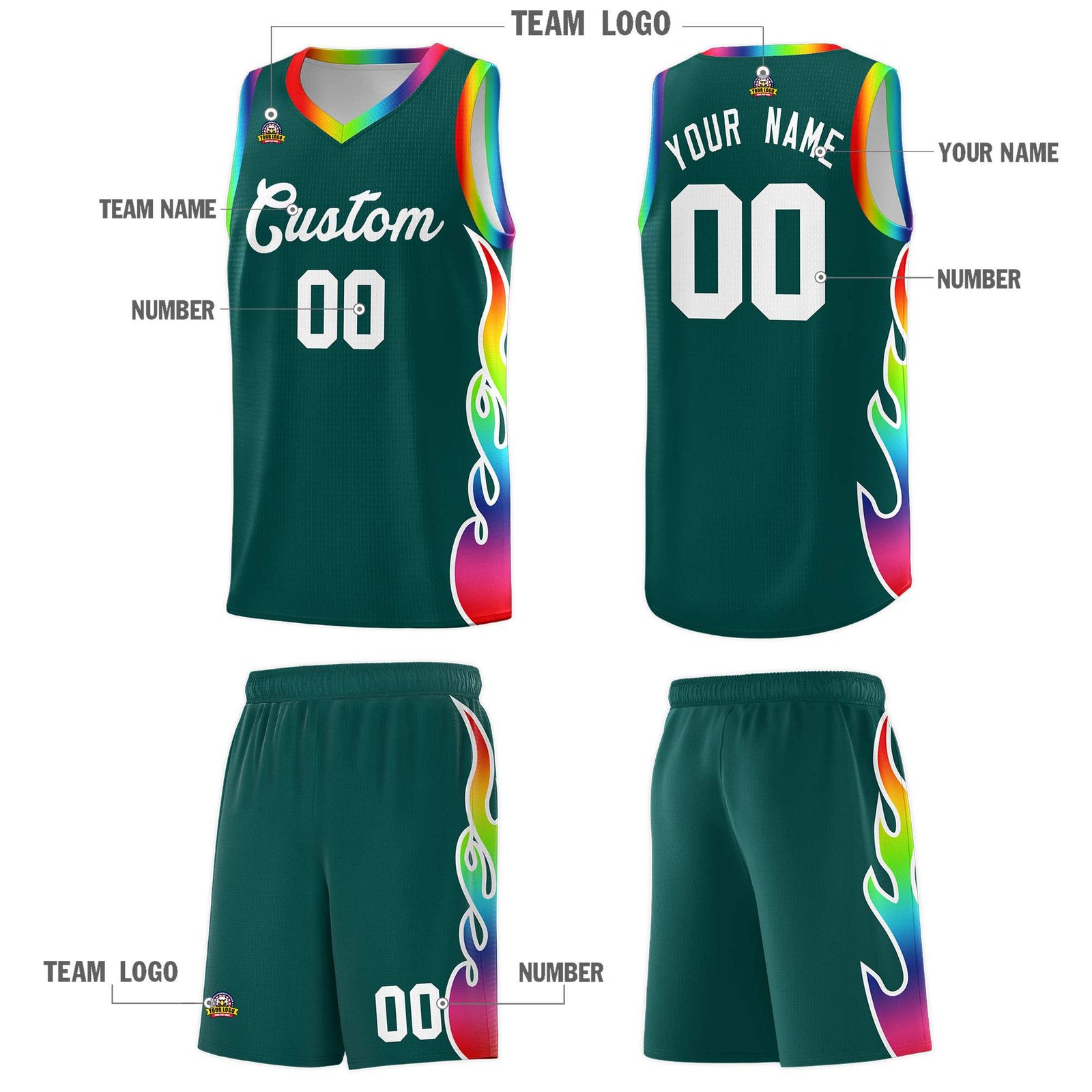 Custom Midnight Green Side Flame Pattern Fashion Sports Uniform Basketball Jersey