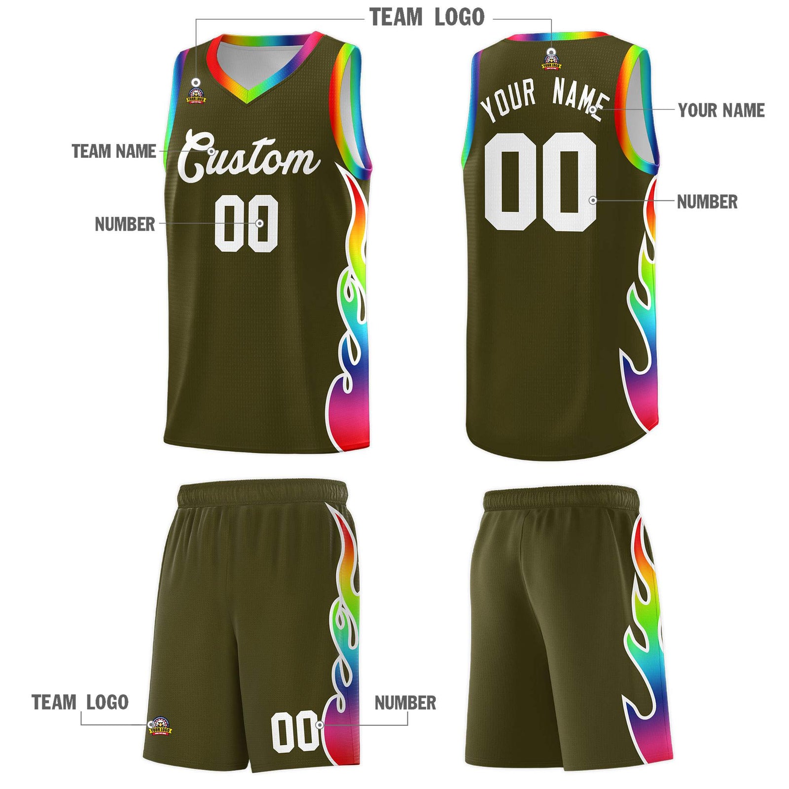 Custom Olive Side Flame Pattern Fashion Sports Uniform Basketball Jersey
