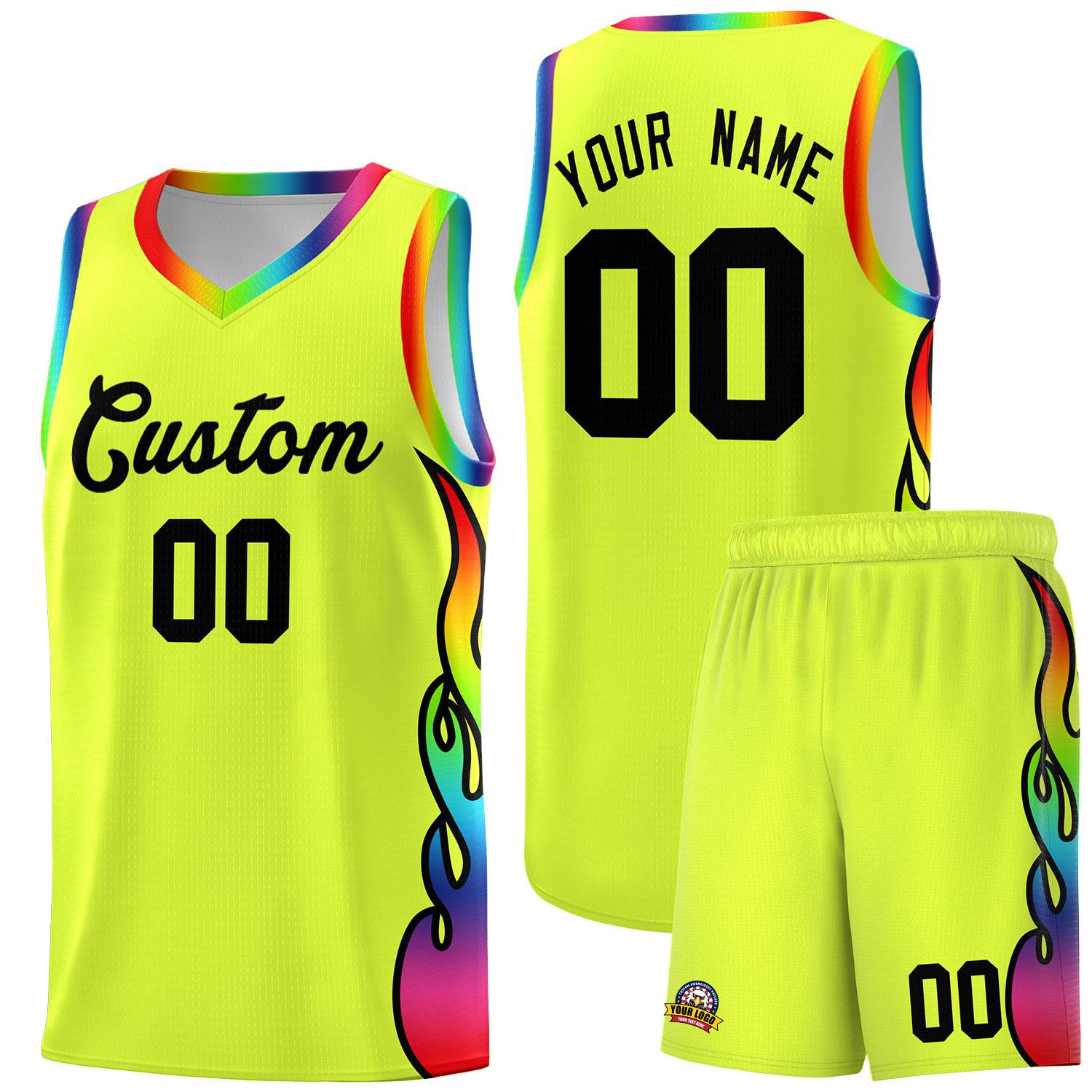 Custom Fluorescent Green Side Flame Pattern Fashion Sports Uniform Basketball Jersey