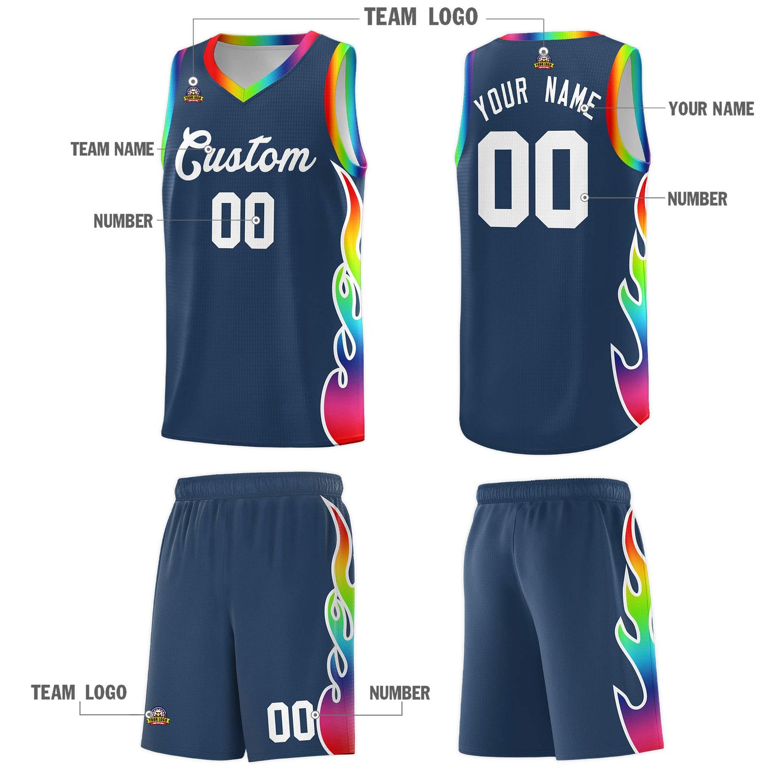 Custom Midnight Blue Side Flame Pattern Fashion Sports Uniform Basketball Jersey