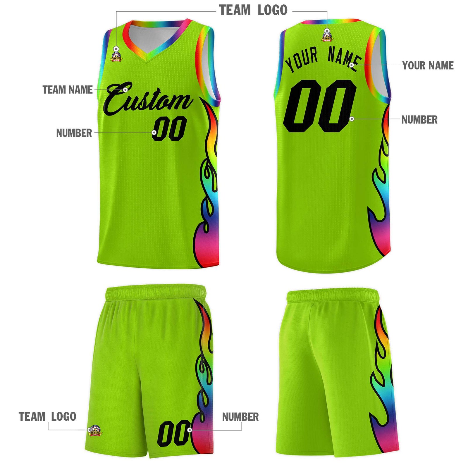Custom Neon Green Side Flame Pattern Fashion Sports Uniform Basketball Jersey
