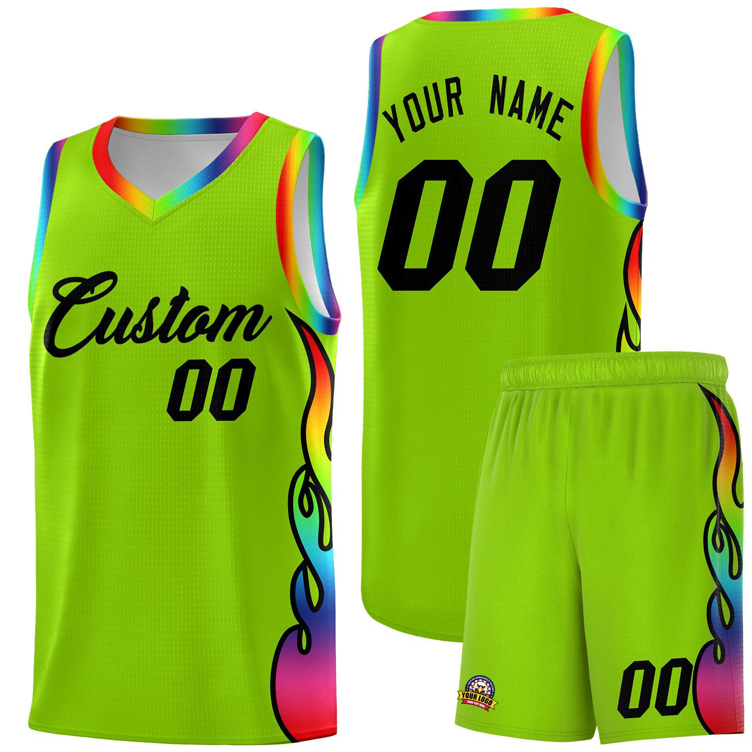 Custom Neon Green Side Flame Pattern Fashion Sports Uniform Basketball Jersey