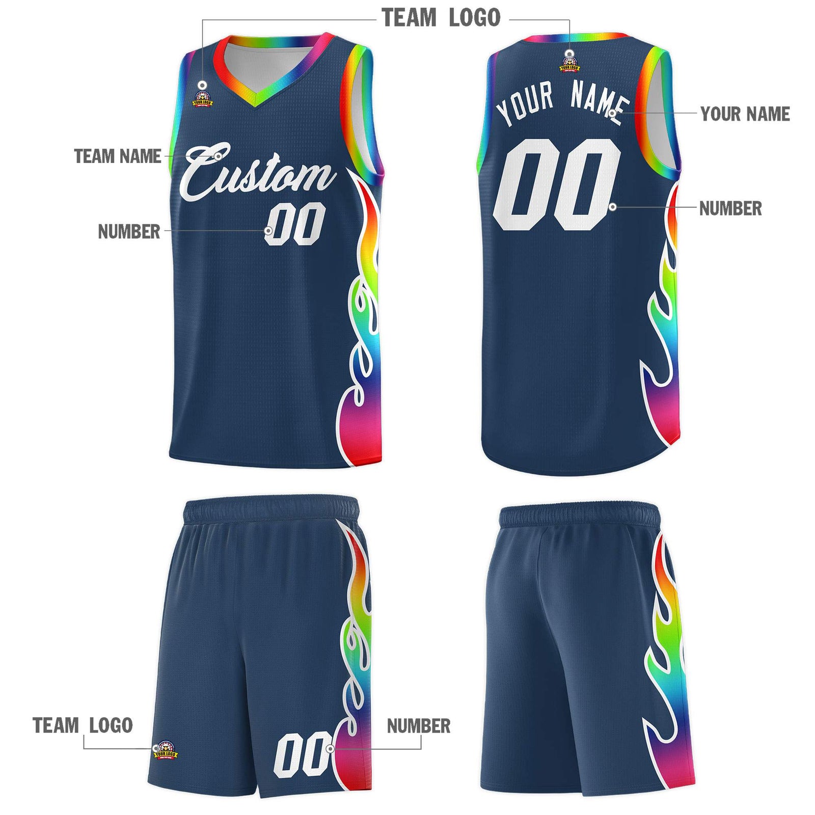 Custom Midnight Blue Side Flame Pattern Fashion Sports Uniform Basketball Jersey