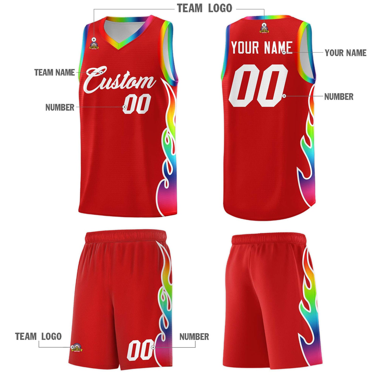 Custom Red Side Flame Pattern Fashion Sports Uniform Basketball Jersey