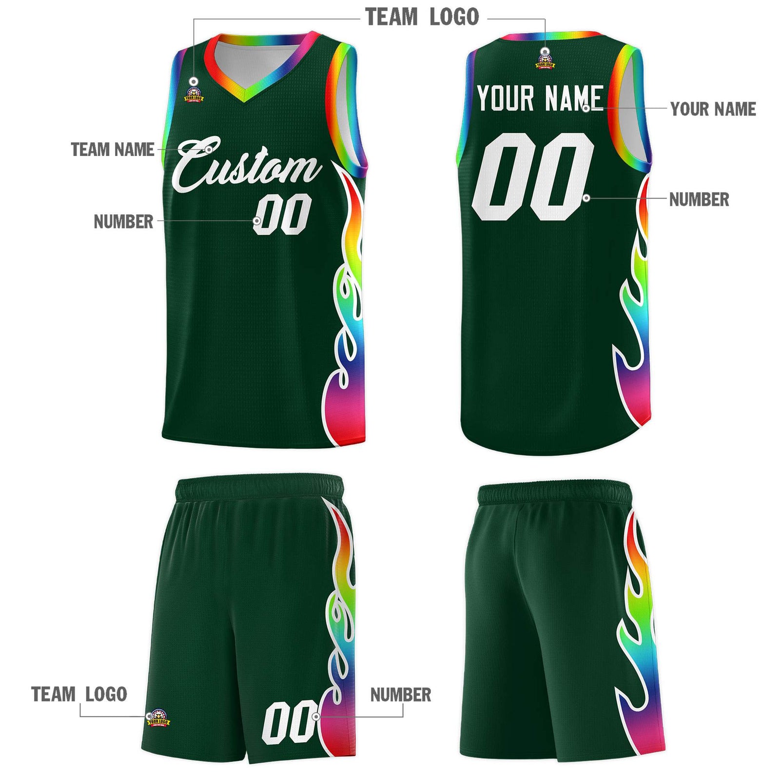 Custom Hunter Green Side Flame Pattern Fashion Sports Uniform Basketball Jersey