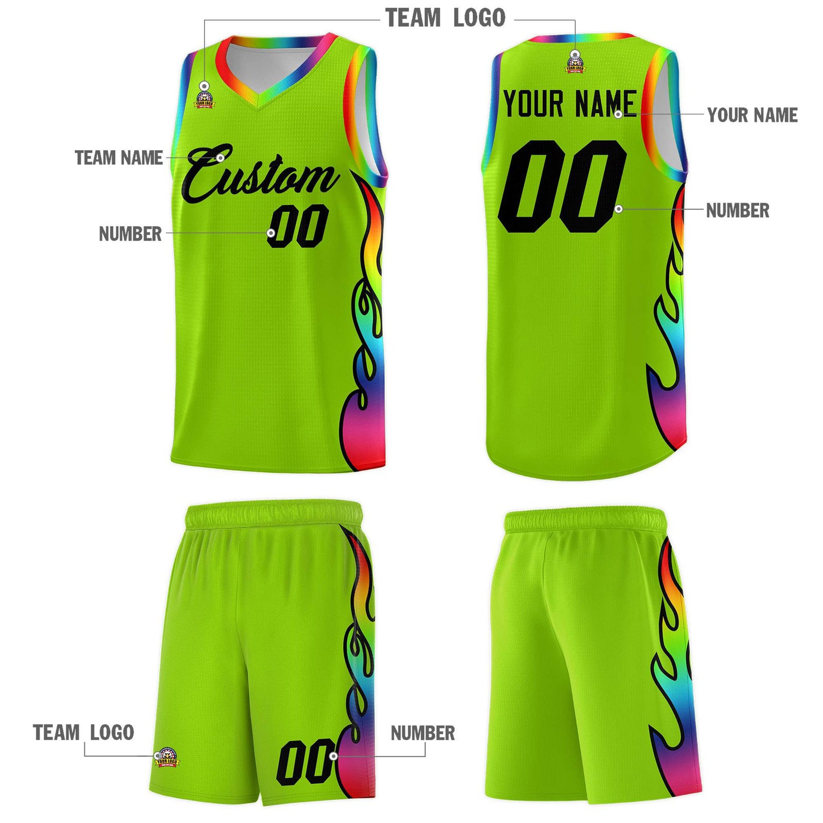 Custom Neon Green Side Flame Pattern Fashion Sports Uniform Basketball Jersey