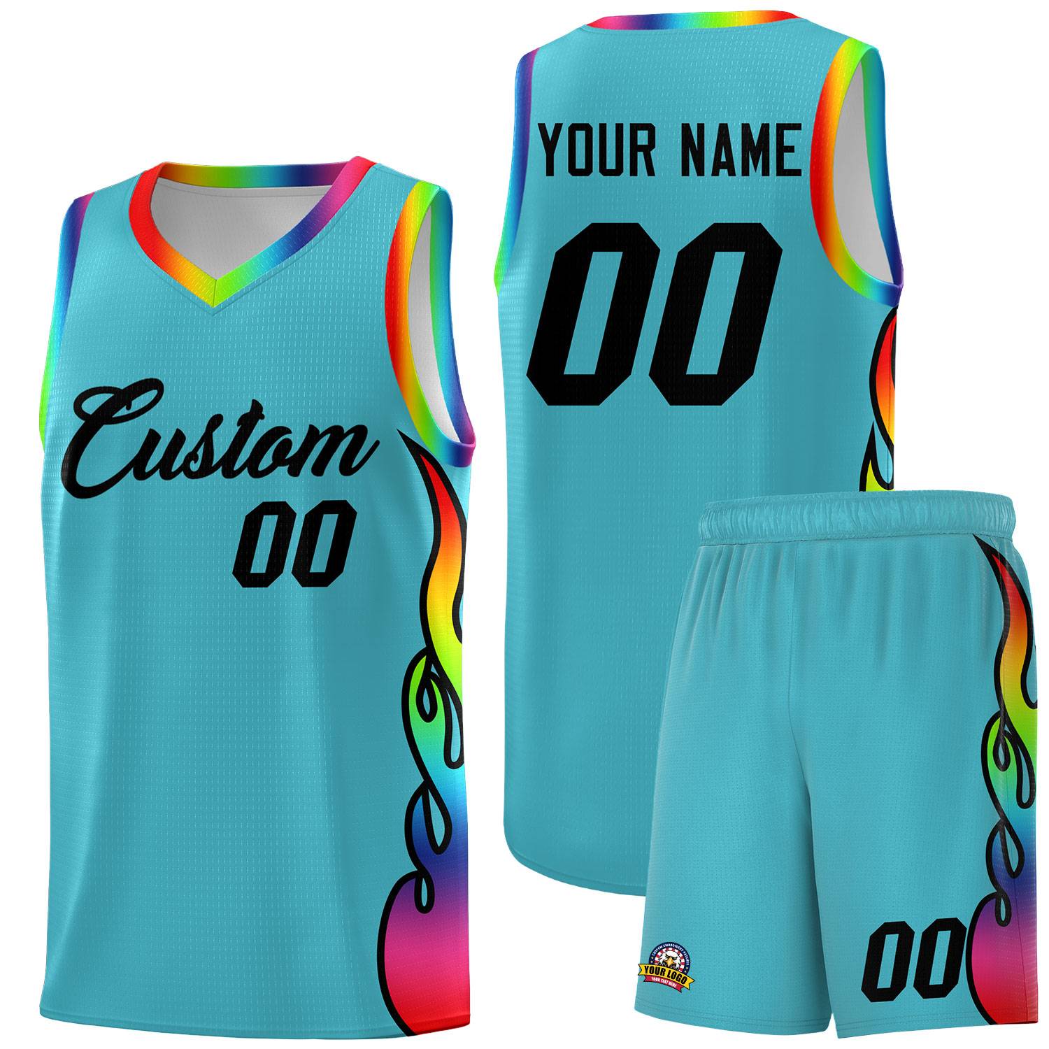 Custom Sky Blue Side Flame Pattern Fashion Sports Uniform Basketball Jersey