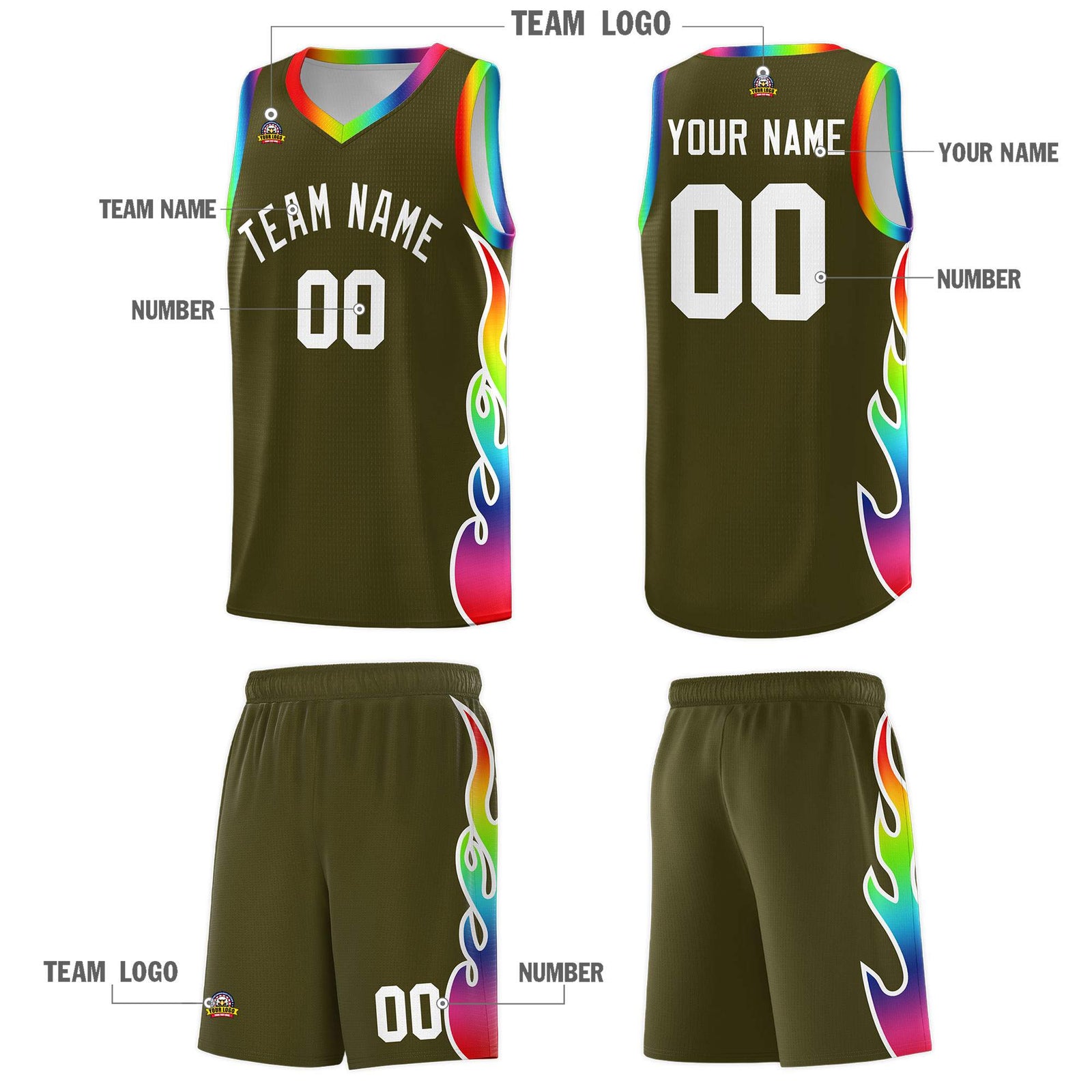Custom Olive Side Flame Pattern Fashion Sports Uniform Basketball Jersey