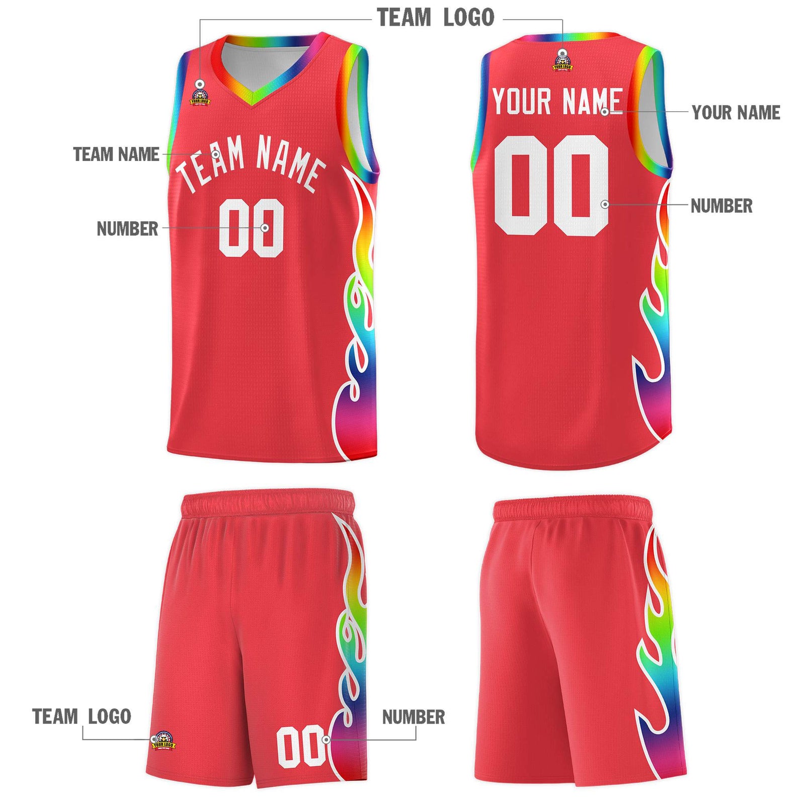 Custom Light Red Side Flame Pattern Fashion Sports Uniform Basketball Jersey