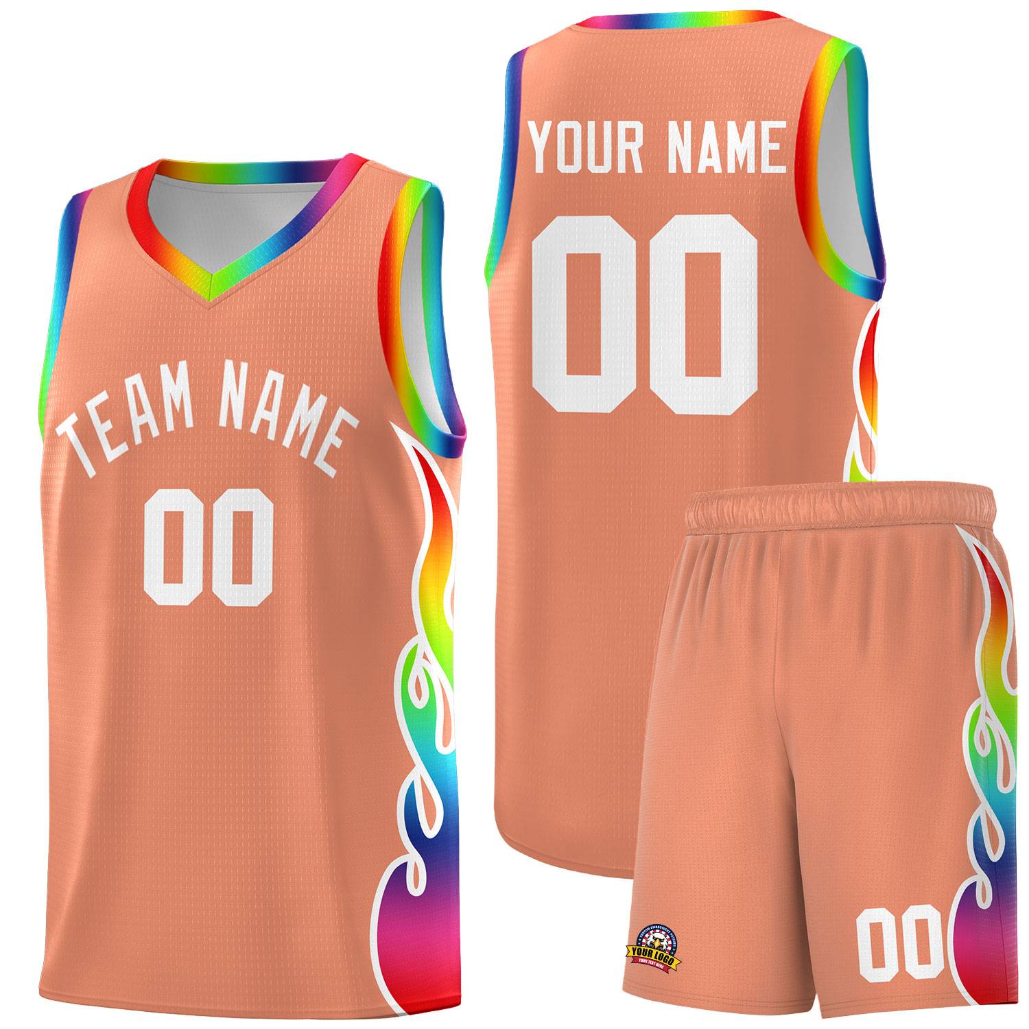 Custom Light Orange Side Flame Pattern Fashion Sports Uniform Basketball Jersey