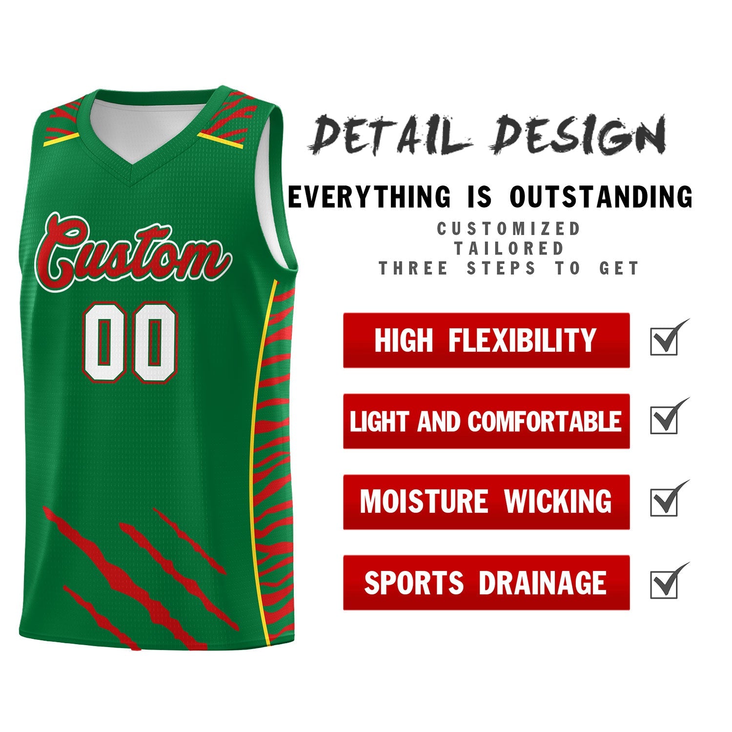 Custom Kelly Green Personalized Tiger Claw Pattern Sports Uniform Basketball Jersey