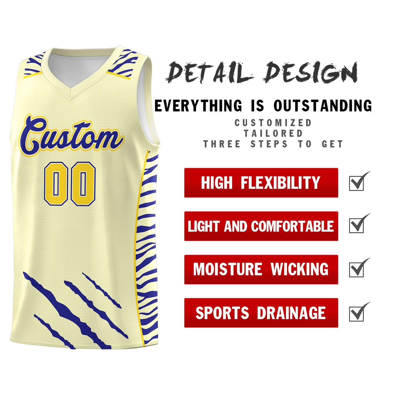 Custom Cream Personalized Tiger Claw Pattern Sports Uniform Basketball Jersey