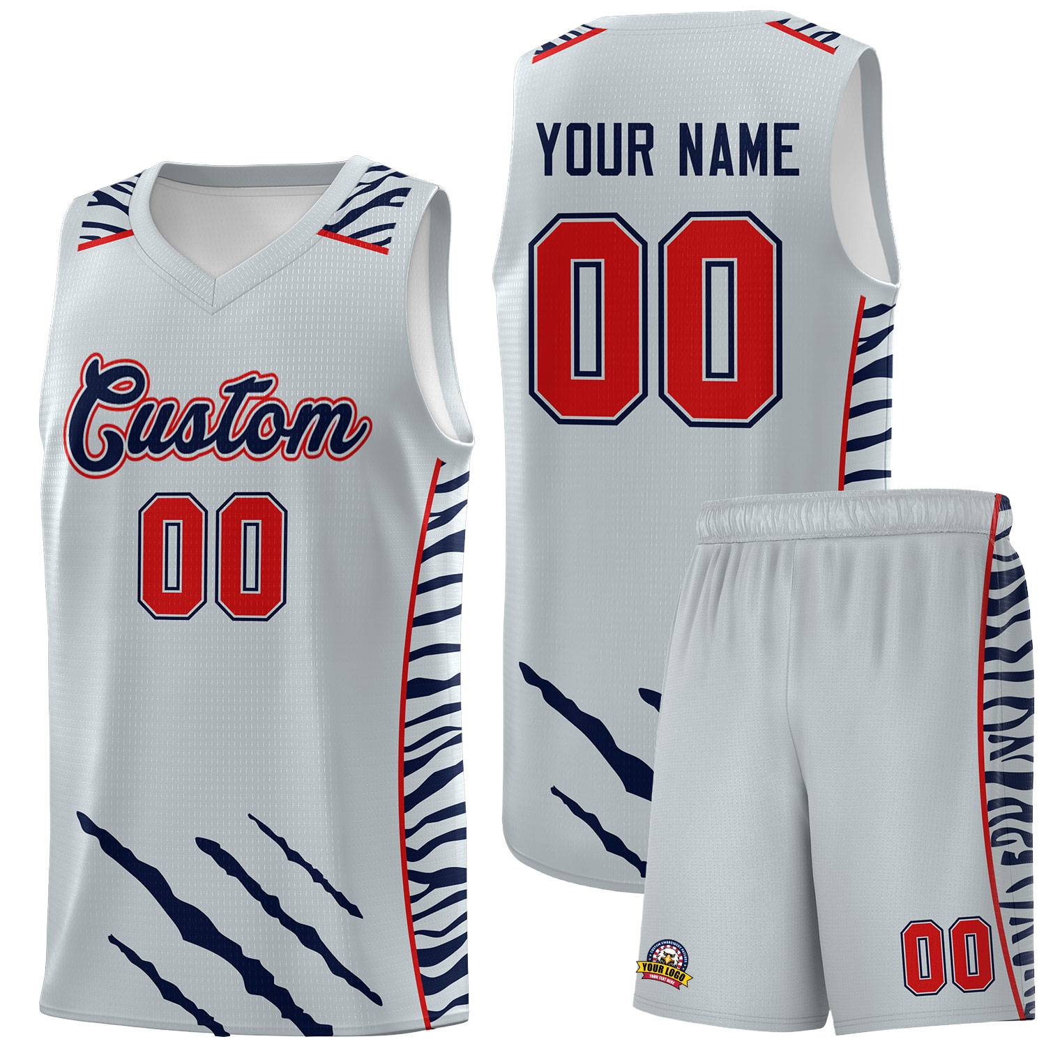Custom Silver Personalized Tiger Claw Pattern Sports Uniform Basketball Jersey