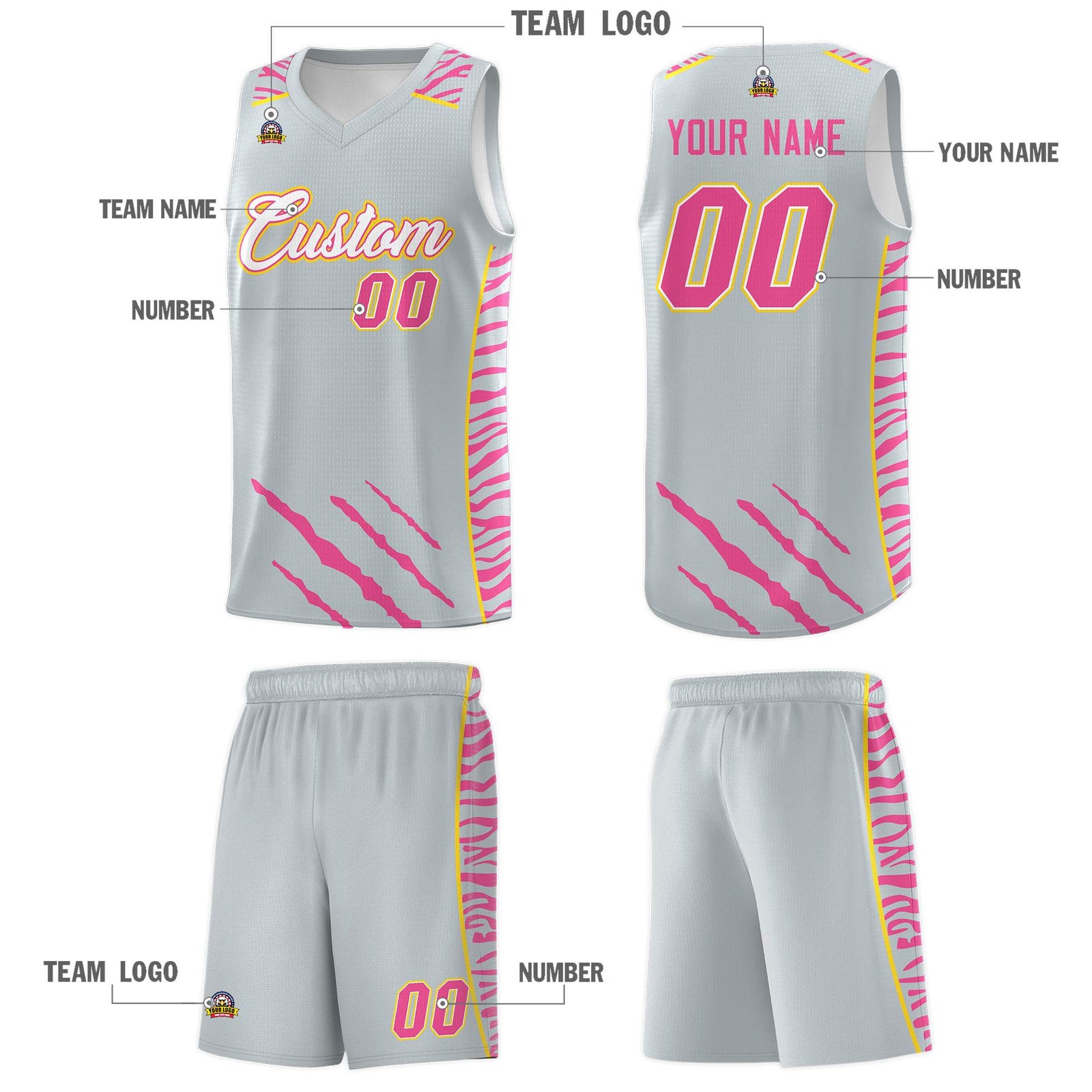 Custom Silver Personalized Tiger Claw Pattern Sports Uniform Basketball Jersey