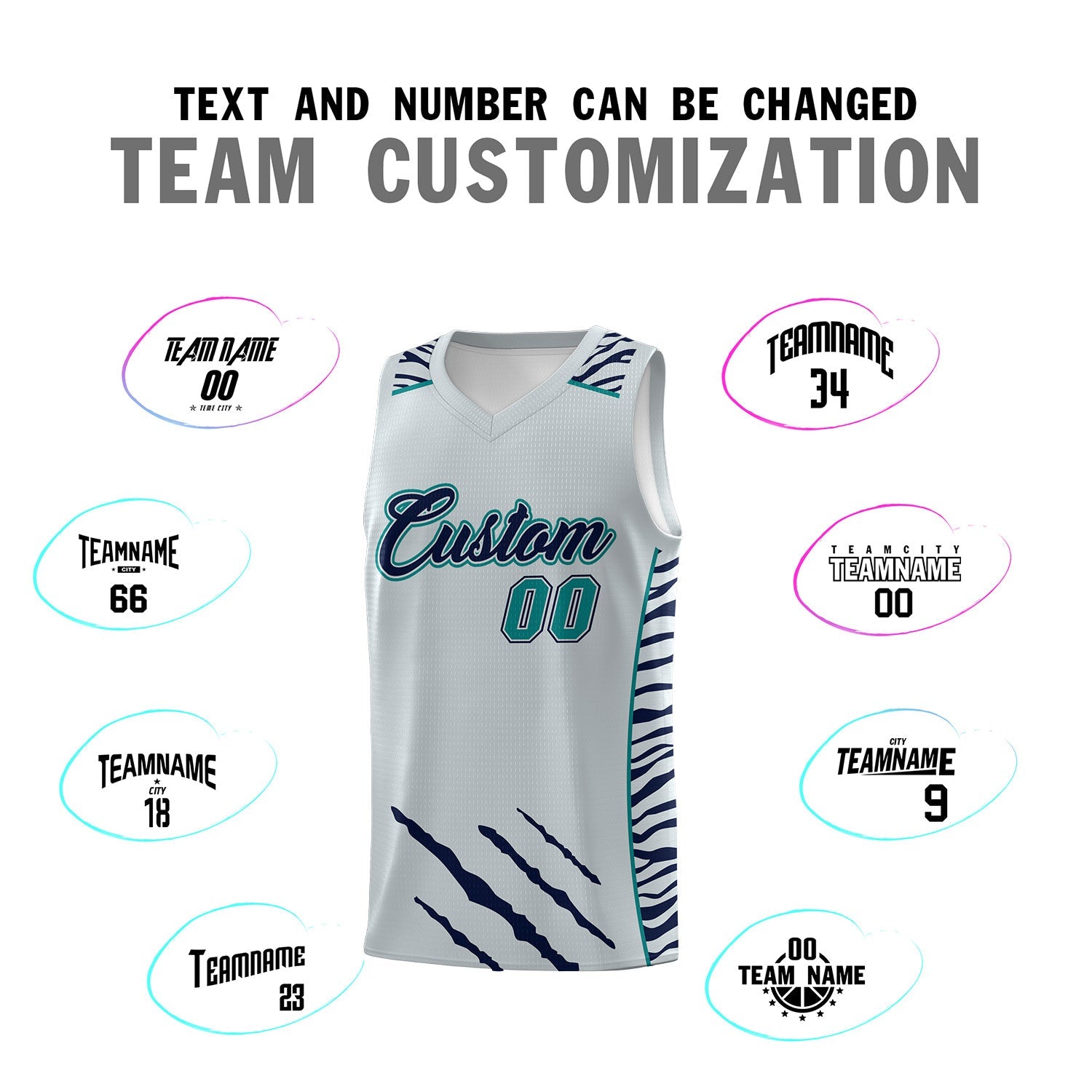 Custom Silver Personalized Tiger Claw Pattern Sports Uniform Basketball Jersey