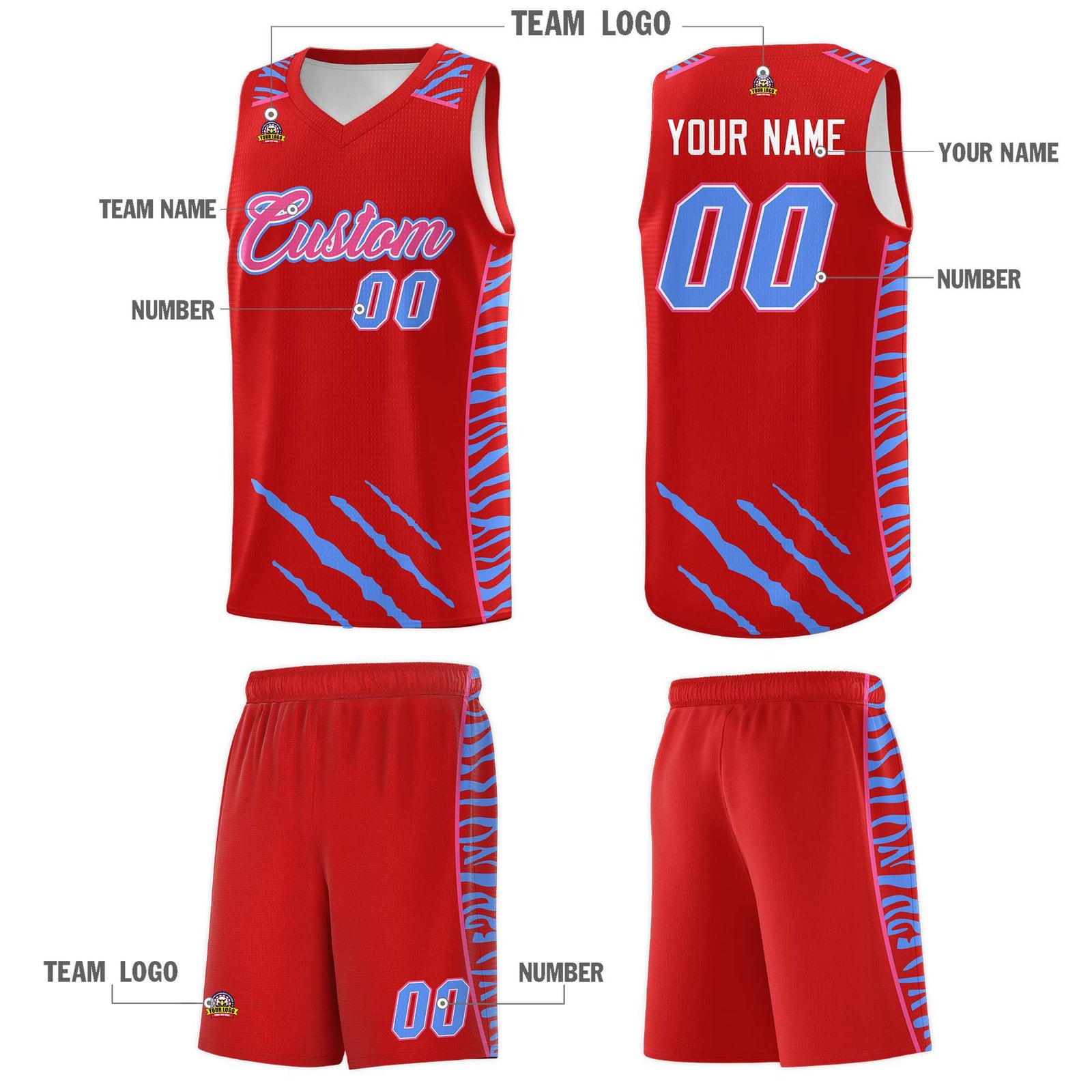 Custom Red Personalized Tiger Claw Pattern Sports Uniform Basketball Jersey
