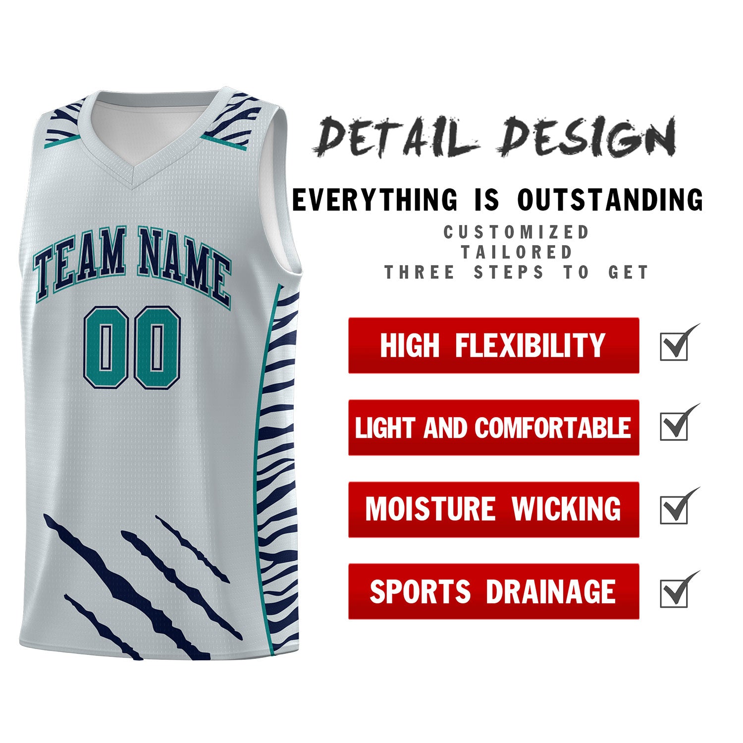Custom Silver Personalized Tiger Claw Pattern Sports Uniform Basketball Jersey