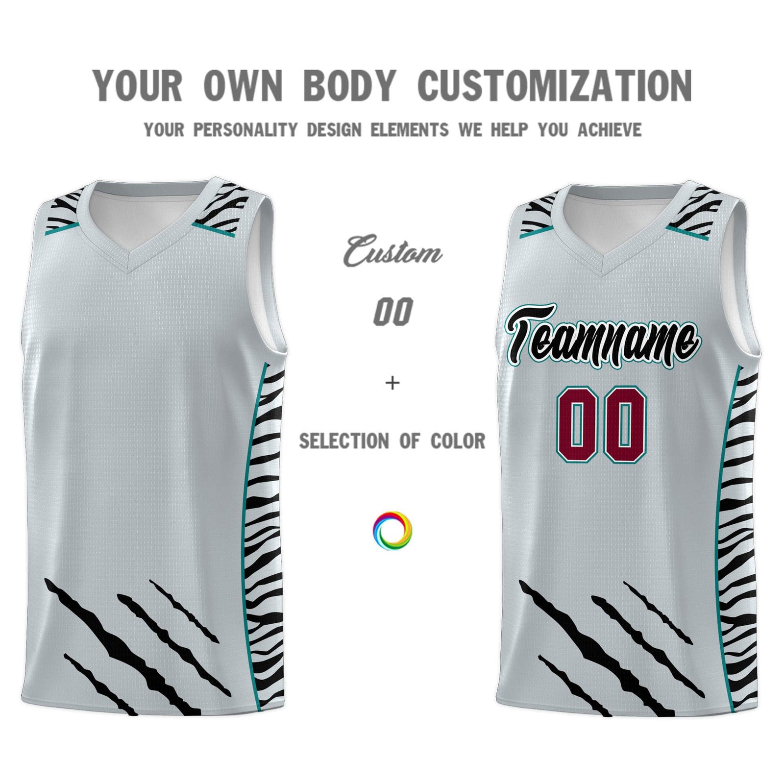 Custom Silver Personalized Tiger Claw Pattern Sports Uniform Basketball Jersey