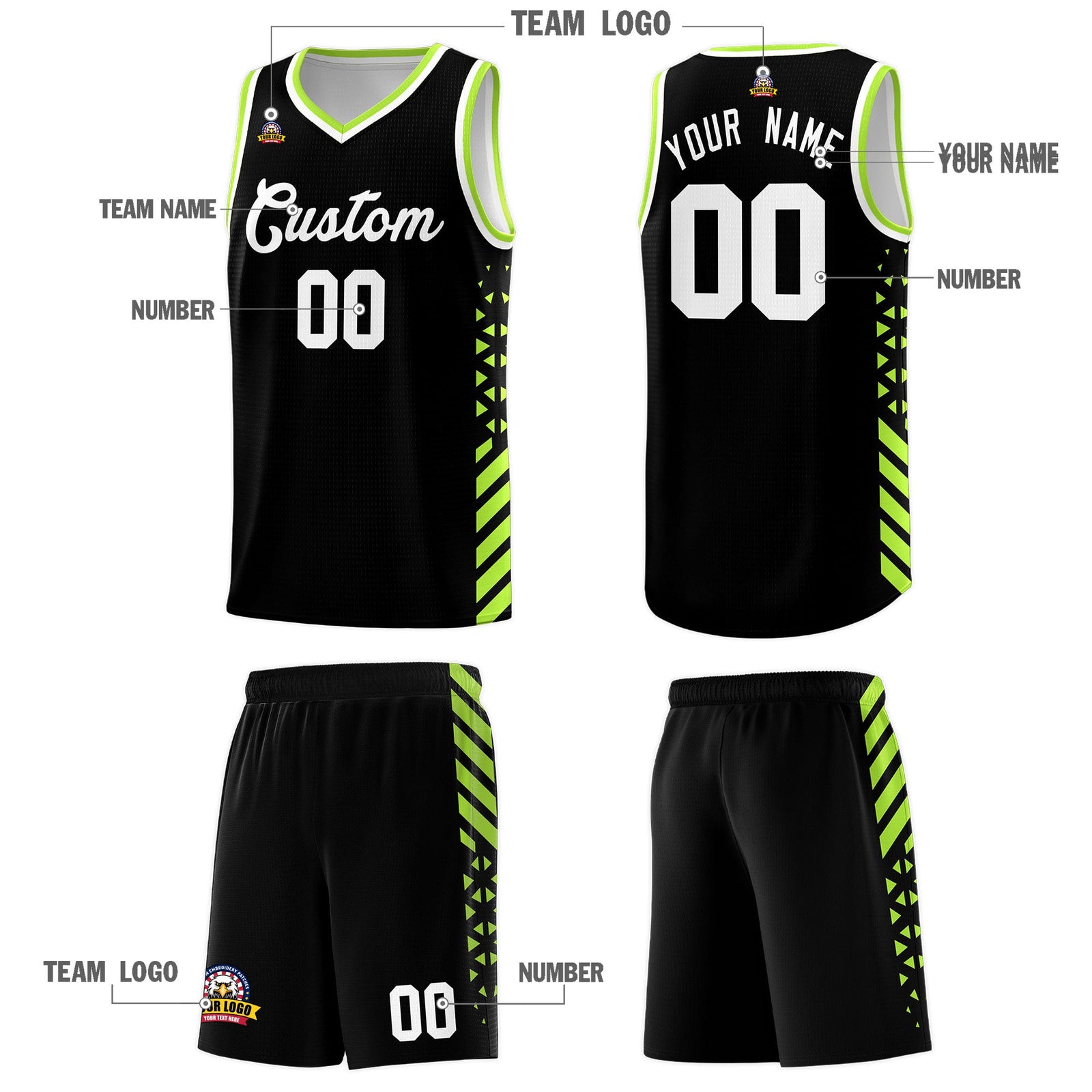 Custom Black Neon Green White Side Diamond Shapes Stripes Basketball Jersey | For Men,Sublimation Printed,Perfect for Teams,Perfect for Coaches | KXKSHOP