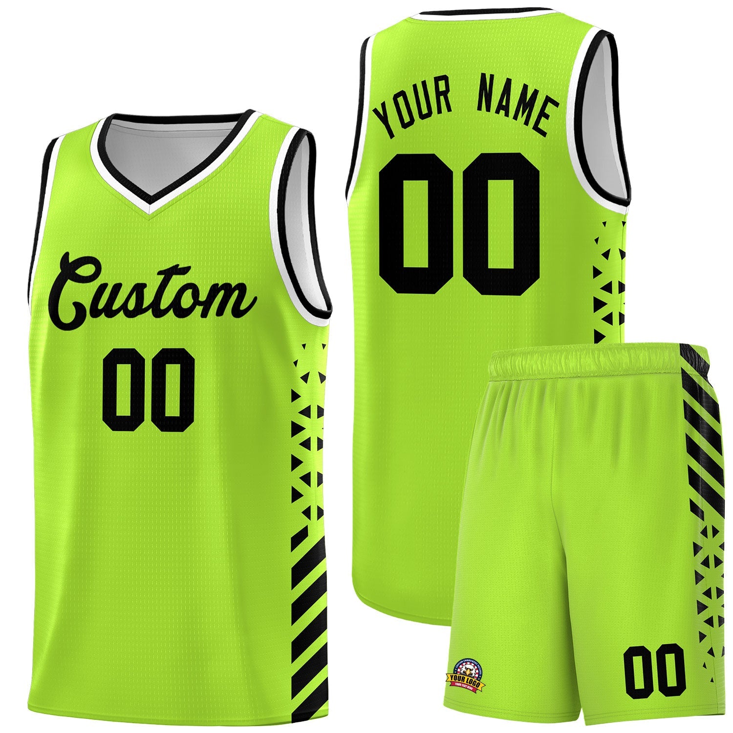 Custom Neon Green Black White Side Diamond Shapes Stripes Basketball Jersey | For Men,Sublimation Printed,Perfect for Teams,Perfect for Coaches | KXKSHOP