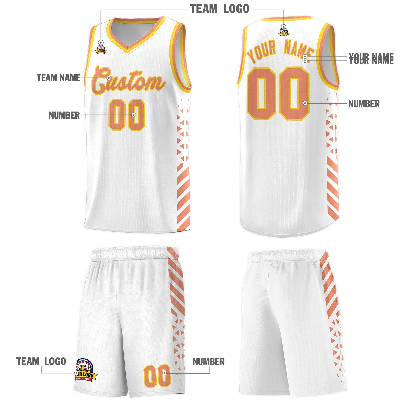 Custom White Light Orange Gold Side Diamond Shapes Stripes Basketball Jersey | For Men,Sublimation Printed,Perfect for Teams,Perfect for Coaches | KXKSHOP