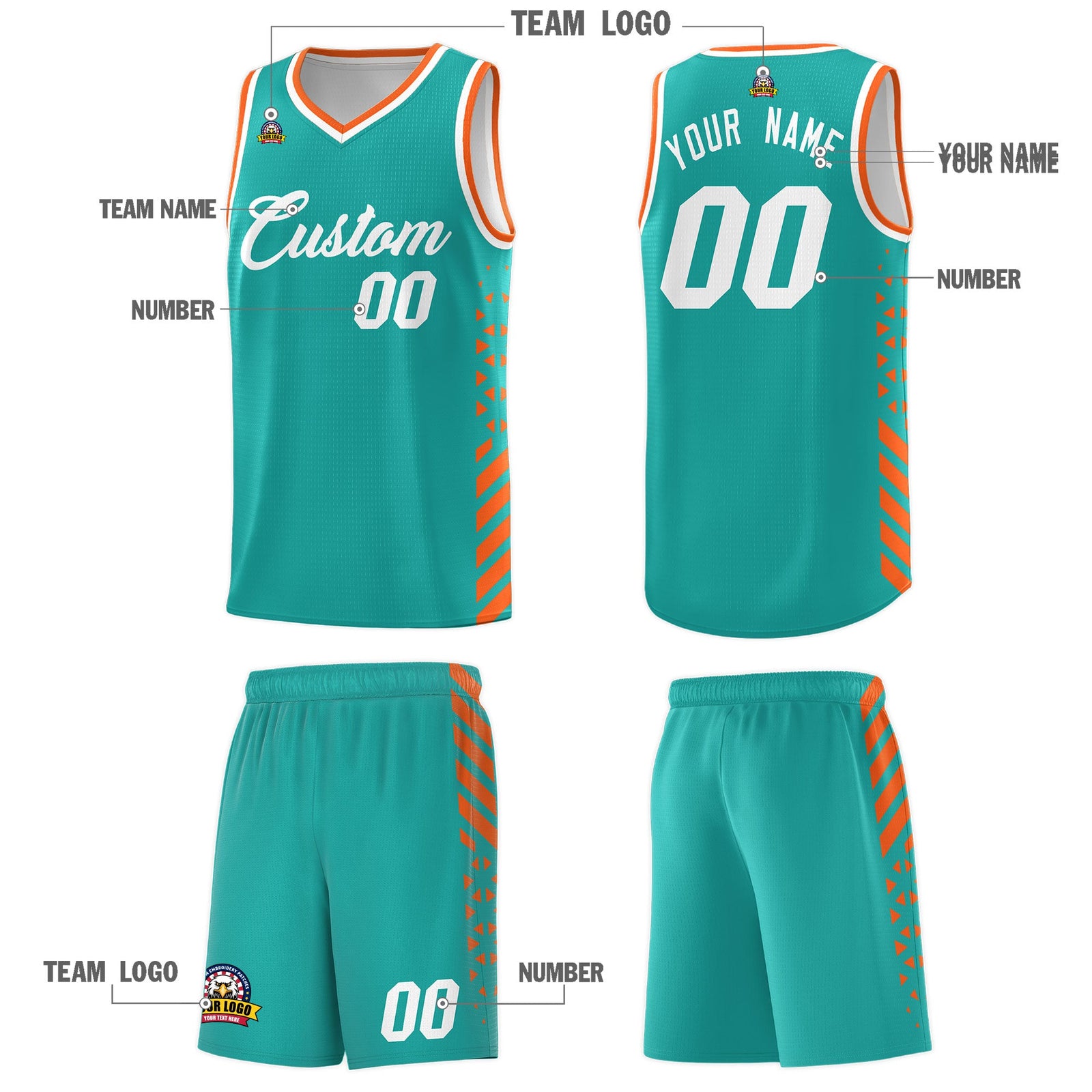 Custom Aqua Orange White Side Diamond Shapes Stripes Basketball Jersey | For Men,Sublimation Printed,Perfect for Teams,Perfect for Coaches | KXKSHOP