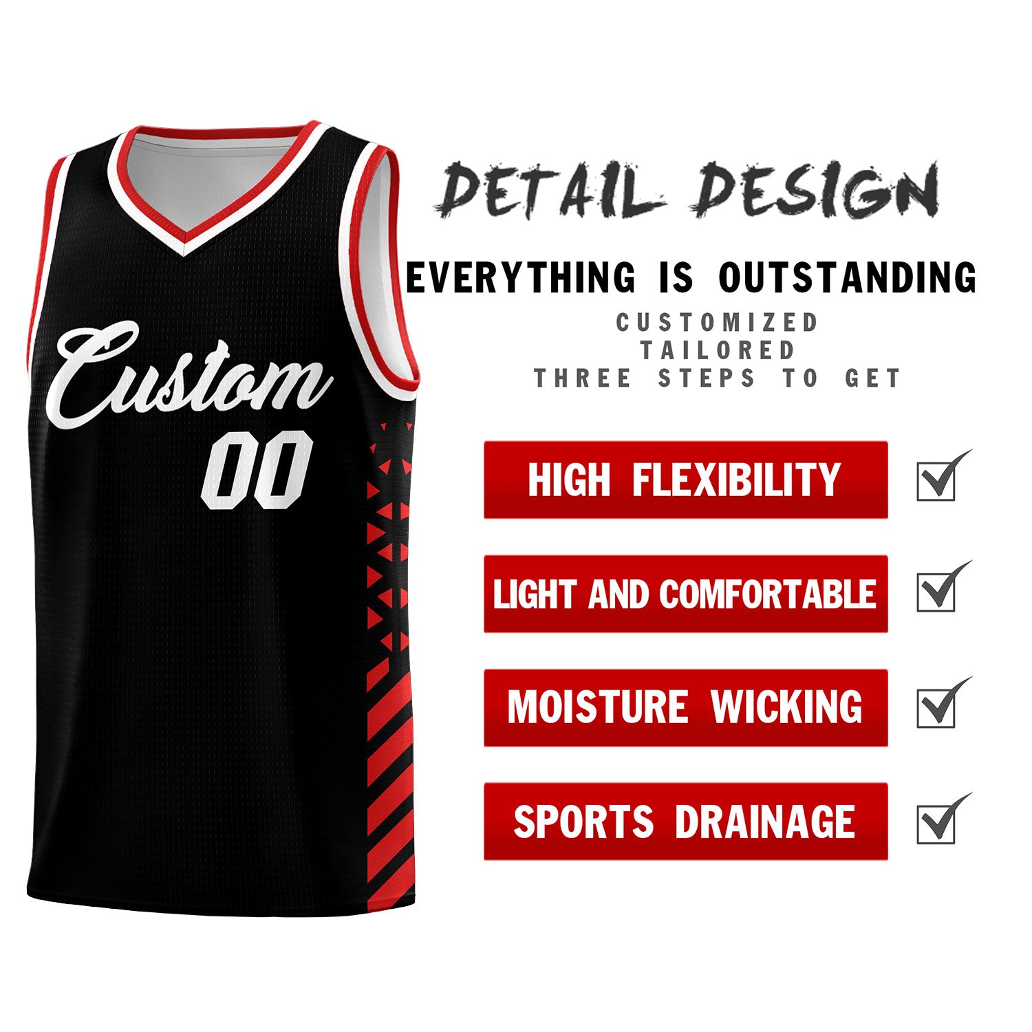Custom Black Red White Side Diamond Shapes Stripes Basketball Jersey | For Men,Sublimation Printed,Perfect for Teams,Perfect for Coaches | KXKSHOP