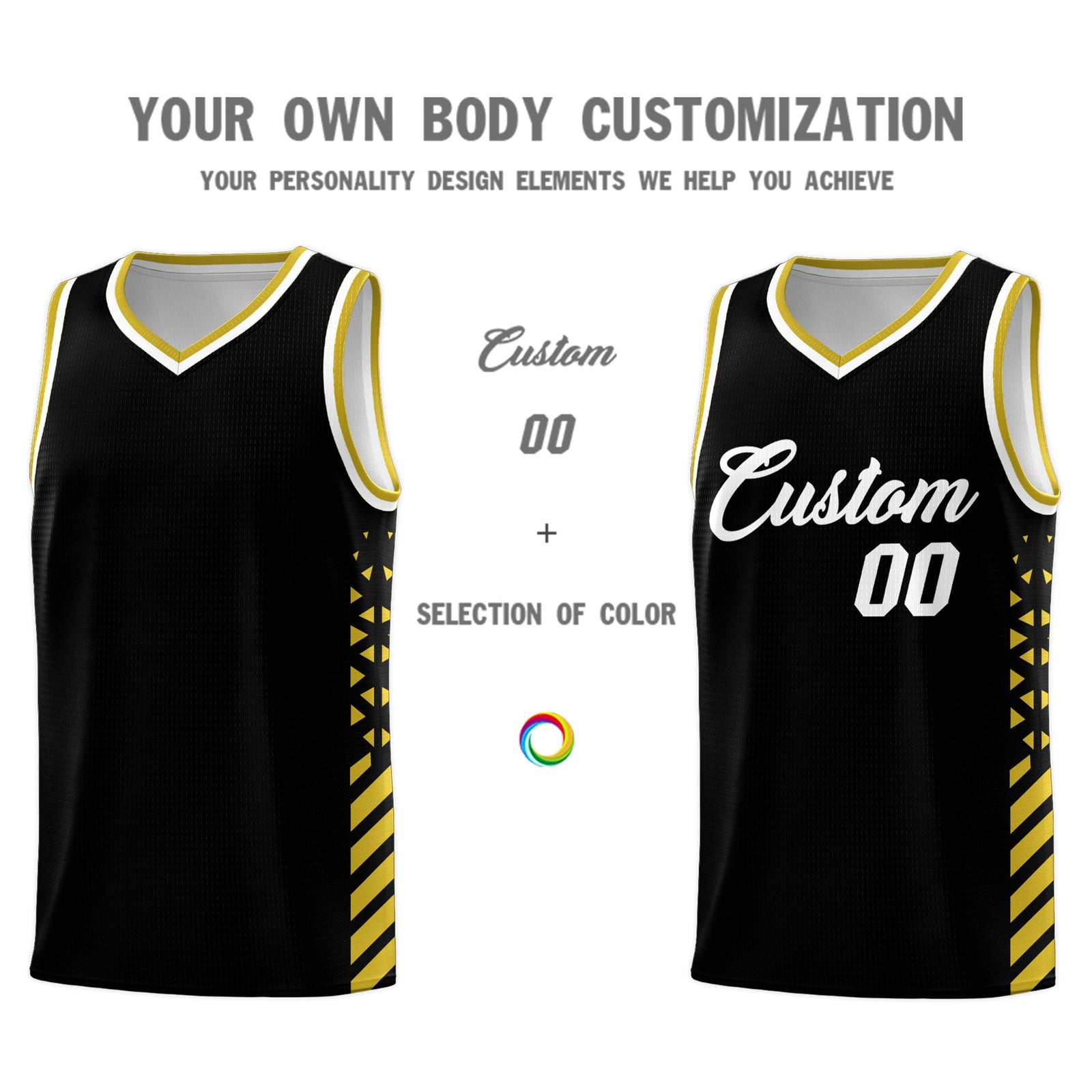 Custom Black Old Gold White Side Diamond Shapes Stripes Basketball Jersey | For Men,Sublimation Printed,Perfect for Teams,Perfect for Coaches | KXKSHOP