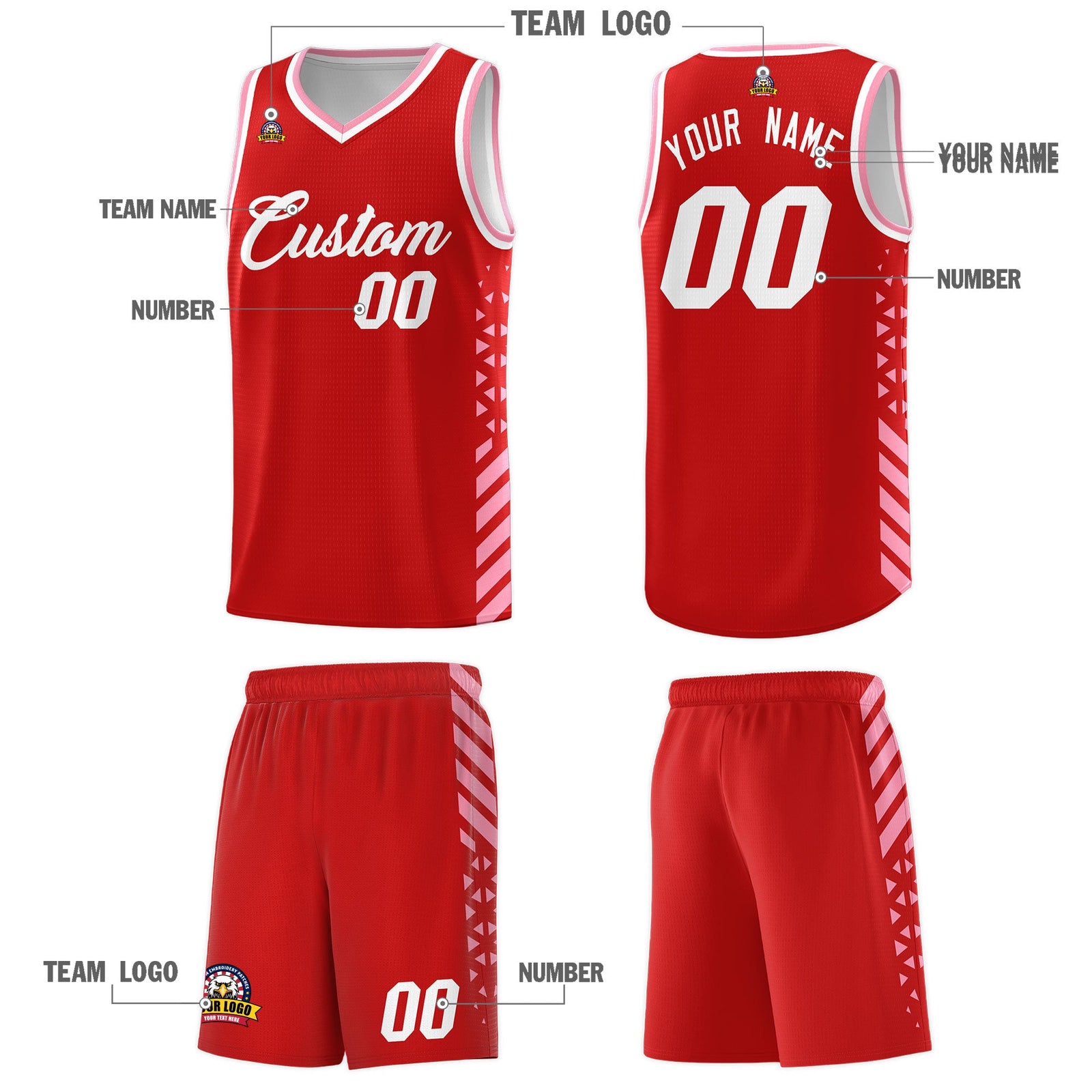 Custom Red Light Pink White Side Diamond Shapes Stripes Basketball Jersey | For Men,Sublimation Printed,Perfect for Teams,Perfect for Coaches | KXKSHOP