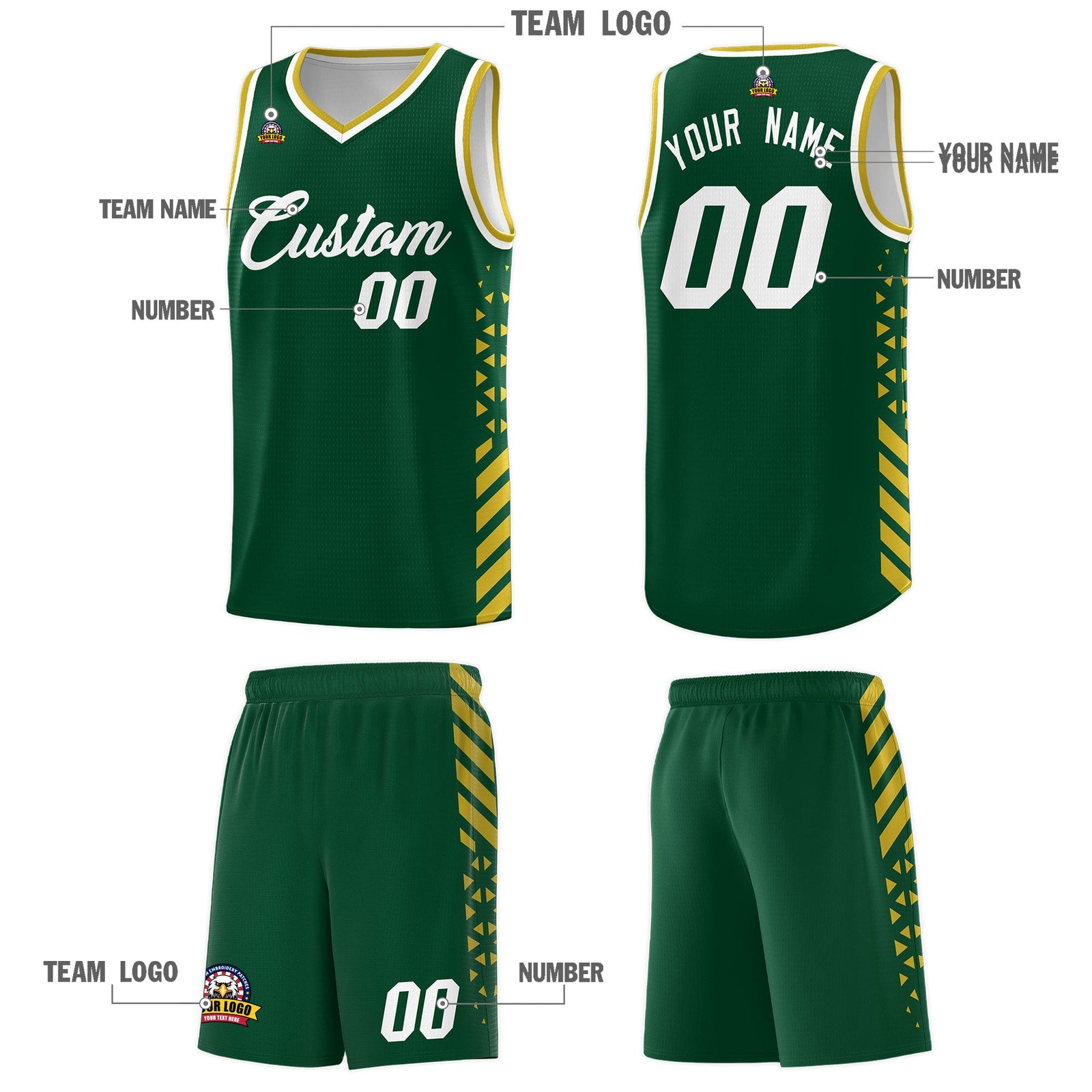 Custom Hunter Green Old Gold White Side Diamond Shapes Stripes Basketball Jersey | For Men,Sublimation Printed,Perfect for Teams,Perfect for Coaches | KXKSHOP