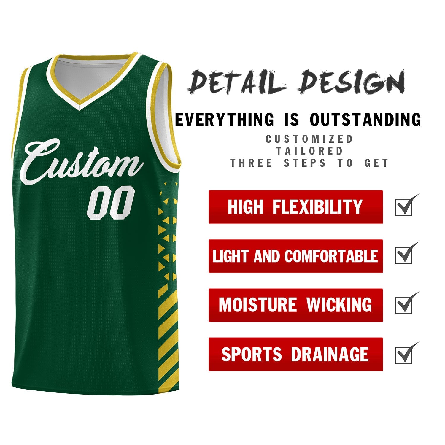 Custom Hunter Green Old Gold White Side Diamond Shapes Stripes Basketball Jersey | For Men,Sublimation Printed,Perfect for Teams,Perfect for Coaches | KXKSHOP
