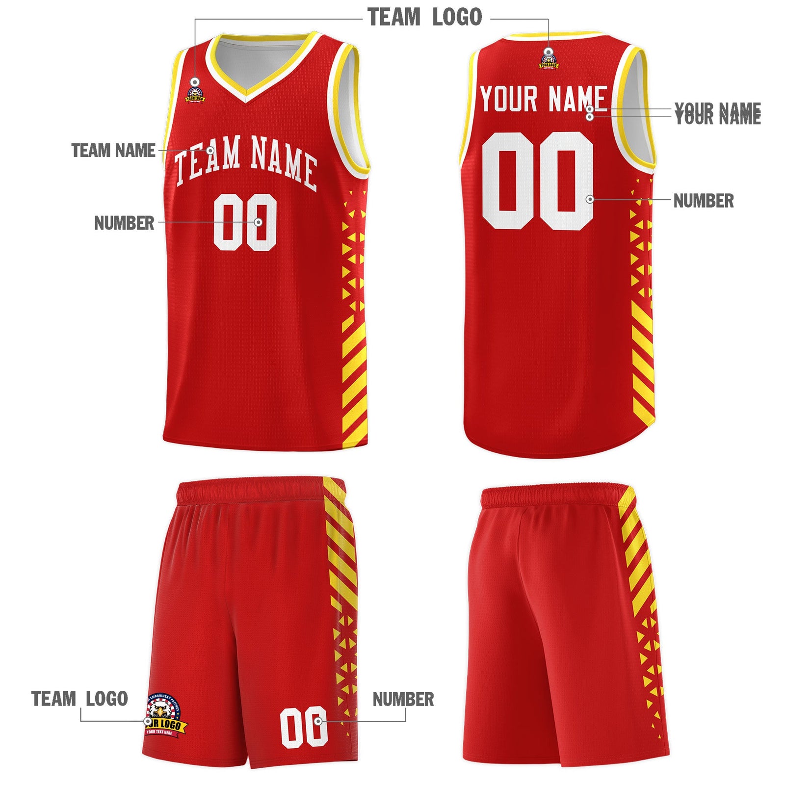 Custom Red Gold White Side Diamond Shapes Stripes Basketball Jersey | For Men,Sublimation Printed,Perfect for Teams,Perfect for Coaches | KXKSHOP