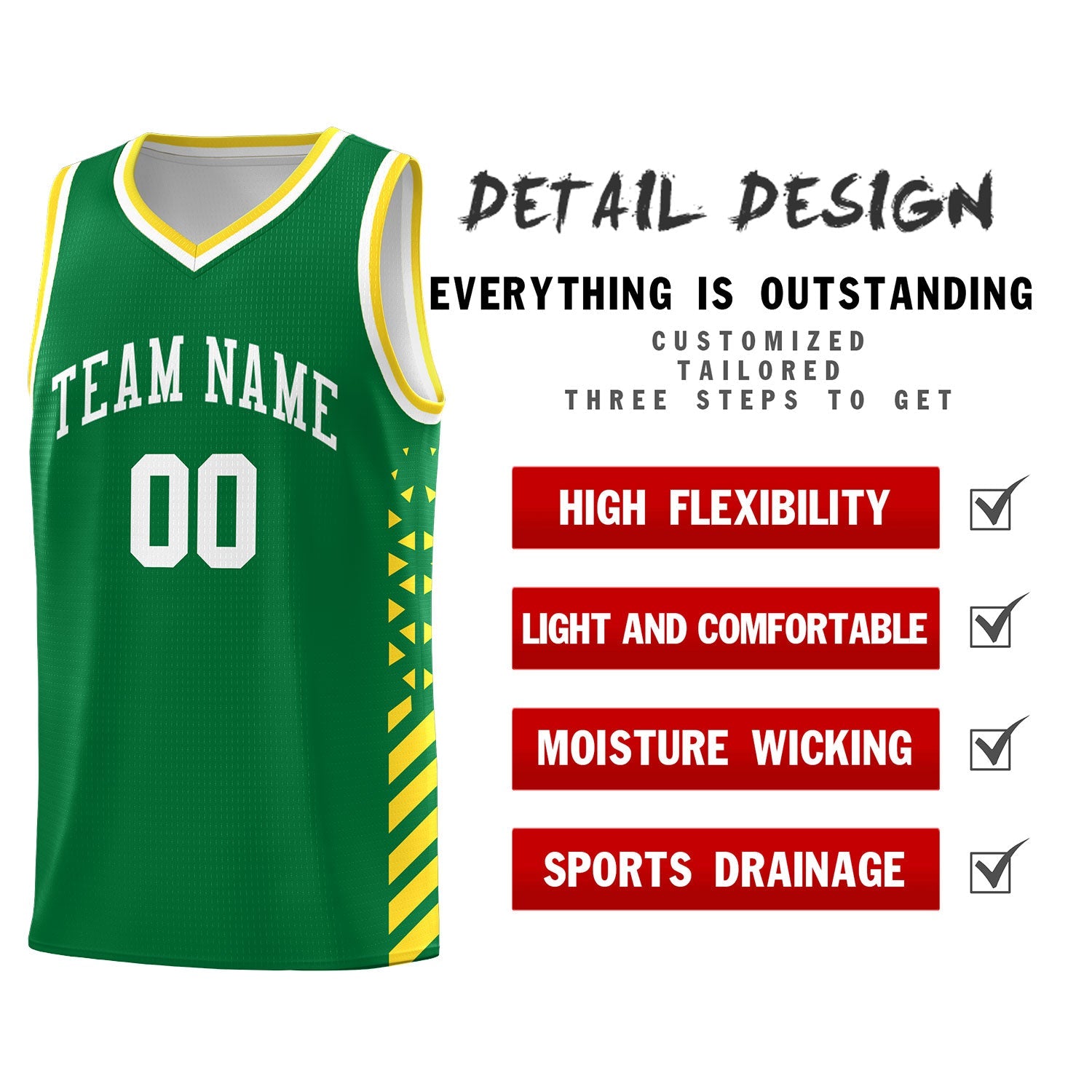 Custom Kelly Green Gold White Side Diamond Shapes Stripes Basketball Jersey | For Men,Sublimation Printed,Perfect for Teams,Perfect for Coaches | KXKSHOP