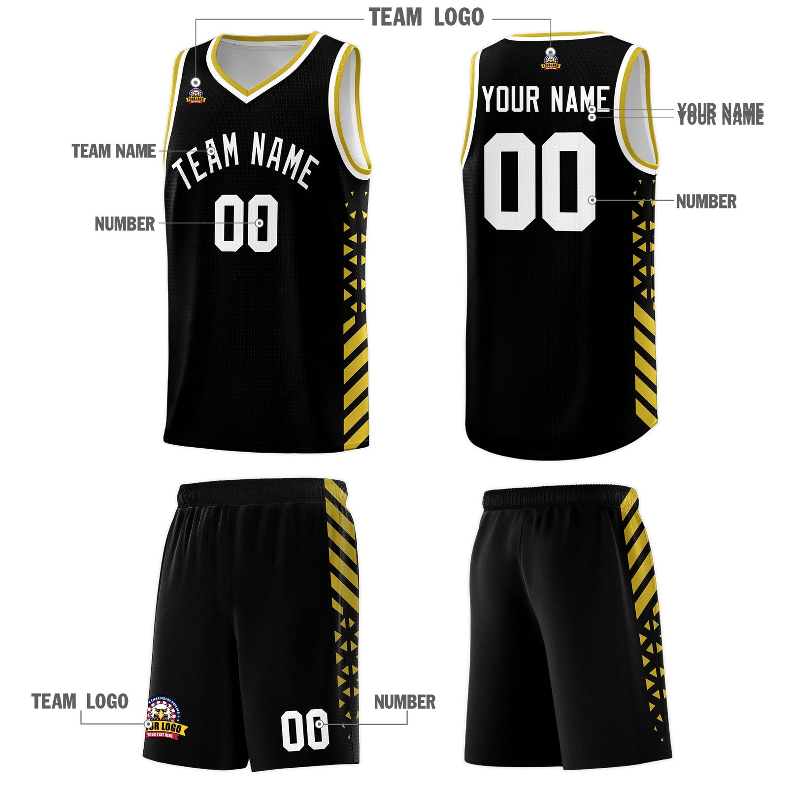 Custom Black Old Gold White Side Diamond Shapes Stripes Basketball Jersey | For Men,Sublimation Printed,Perfect for Teams,Perfect for Coaches | KXKSHOP