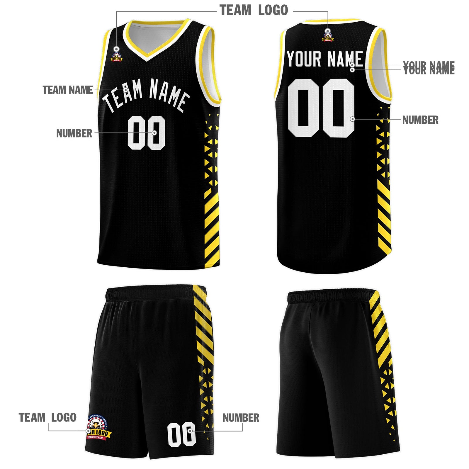 Custom Black Gold White Side Diamond Shapes Stripes Basketball Jersey | For Men,Sublimation Printed,Perfect for Teams,Perfect for Coaches | KXKSHOP