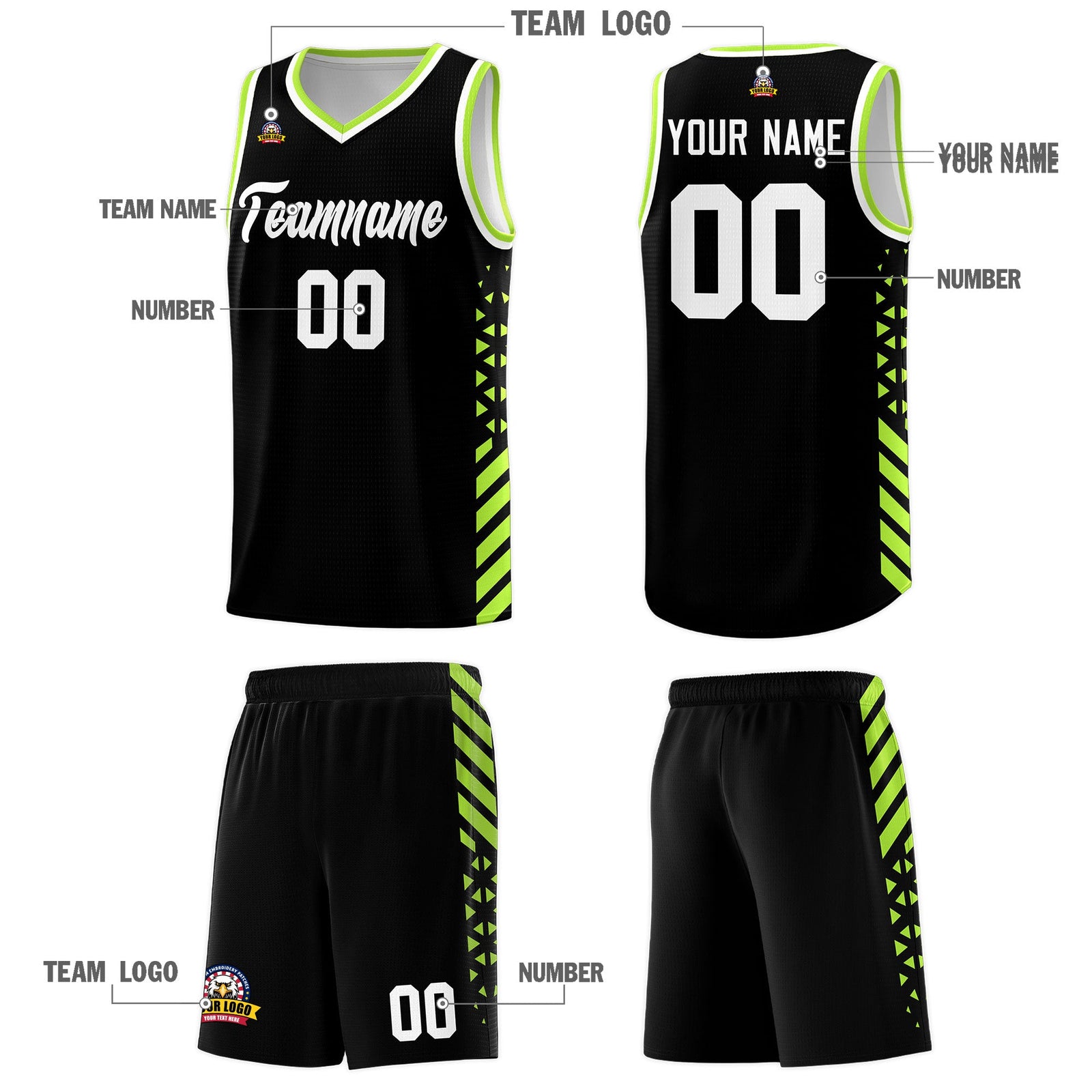 Custom Black Neon Green White Side Diamond Shapes Stripes Basketball Jersey | For Men,Sublimation Printed,Perfect for Teams,Perfect for Coaches | KXKSHOP