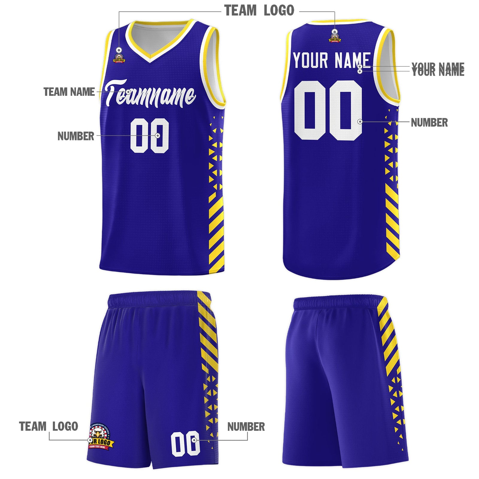 Custom Royal Blue Gold White Side Diamond Shapes Stripes Basketball Jersey | For Men,Sublimation Printed,Perfect for Teams,Perfect for Coaches | KXKSHOP
