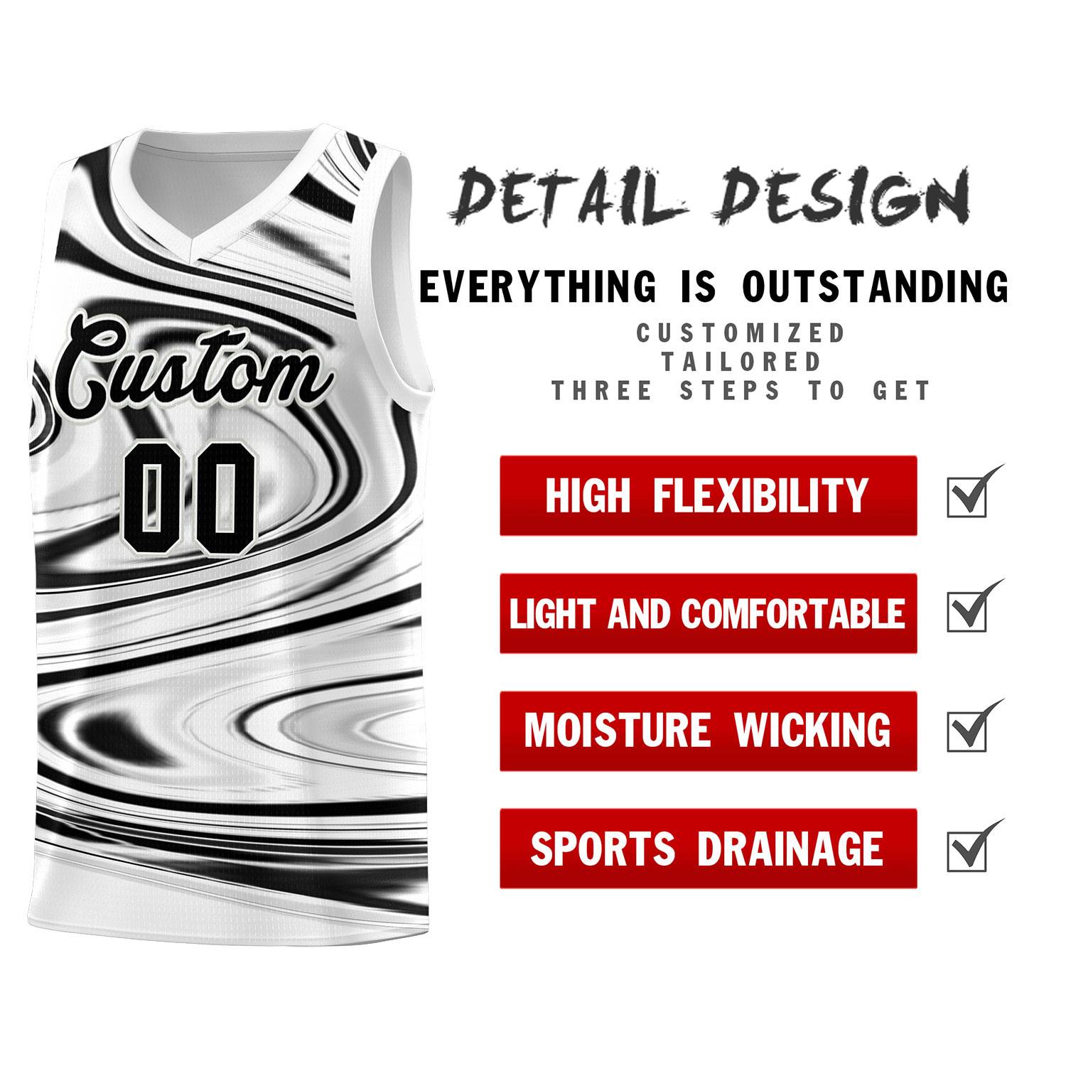 Custom White Black Graffiti Pattern Fluids Style Sports Uniform Basketball Jersey Sets