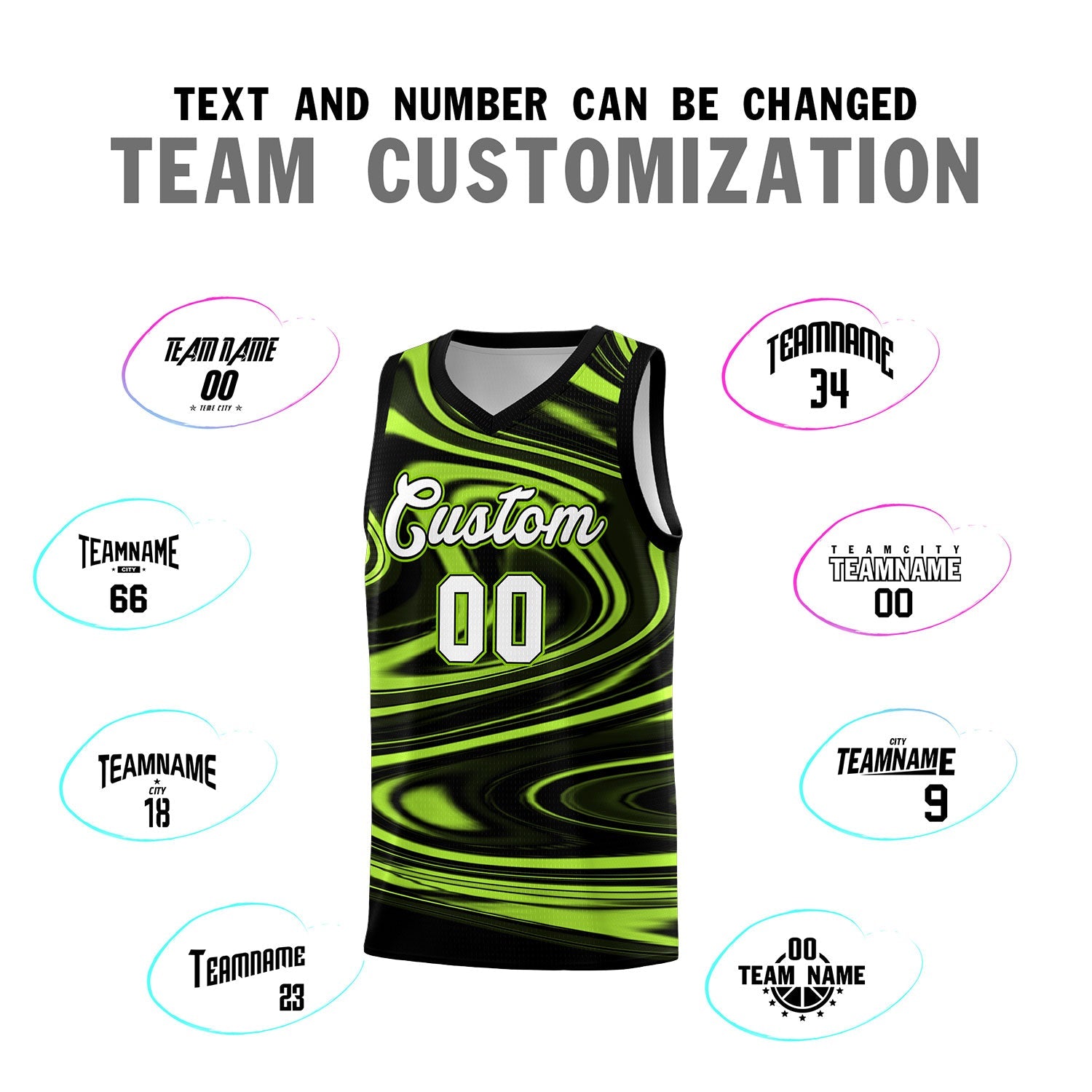 Custom Black Light Green Graffiti Pattern Fluids Style Sports Uniform Basketball Jersey Sets