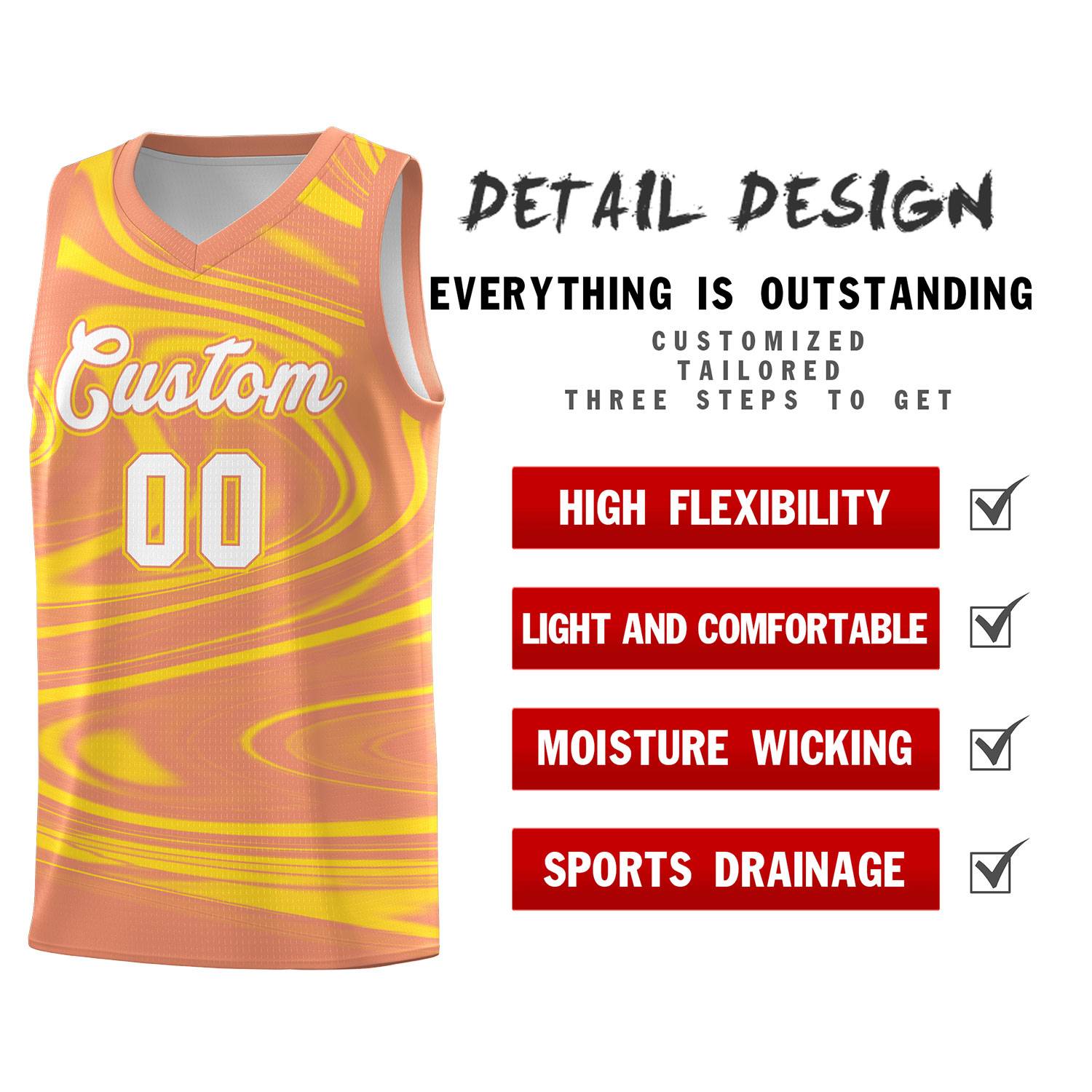 Custom Light Orange Gold Graffiti Pattern Fluids Style Sports Uniform Basketball Jersey Sets