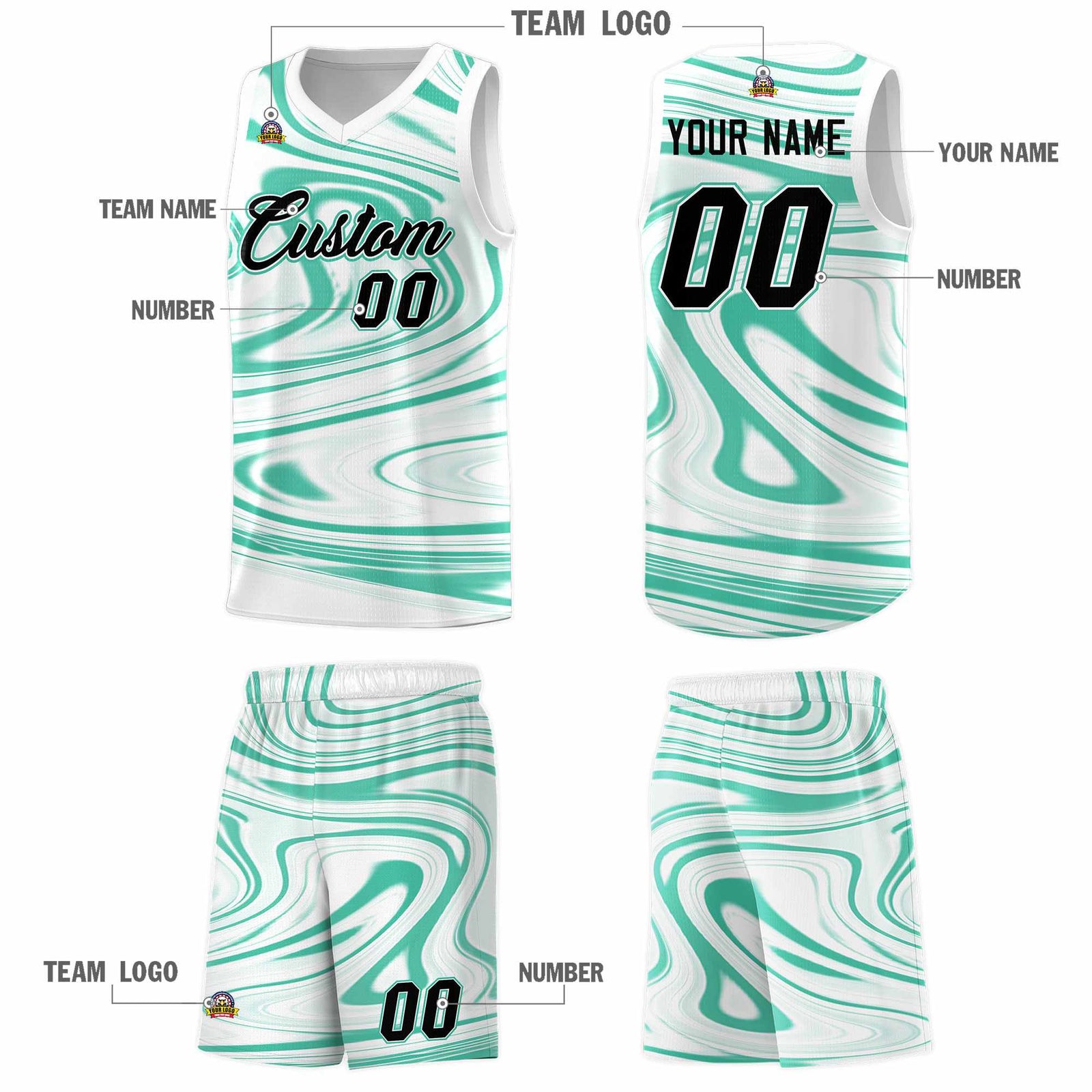 Custom White Bright Green Graffiti Pattern Fluids Style Sports Uniform Basketball Jersey Sets